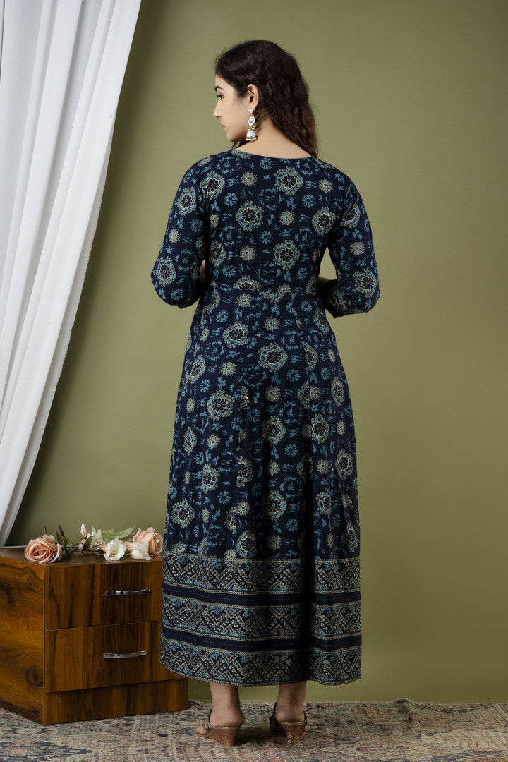 ✨ Navy Blue Embroidered Rayon Anarkali Kurti
