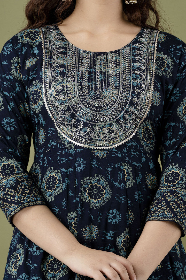 ✨ Navy Blue Embroidered Rayon Anarkali Kurti