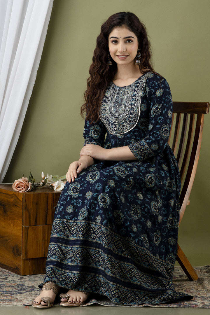 ✨ Navy Blue Embroidered Rayon Anarkali Kurti