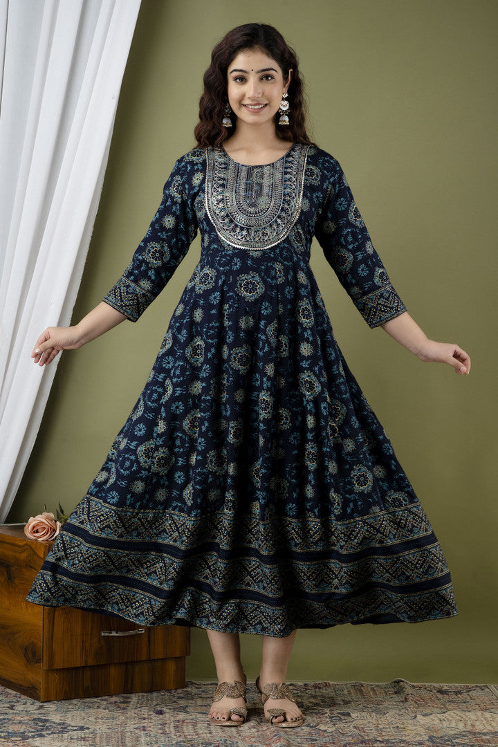 ✨ Navy Blue Embroidered Rayon Anarkali Kurti