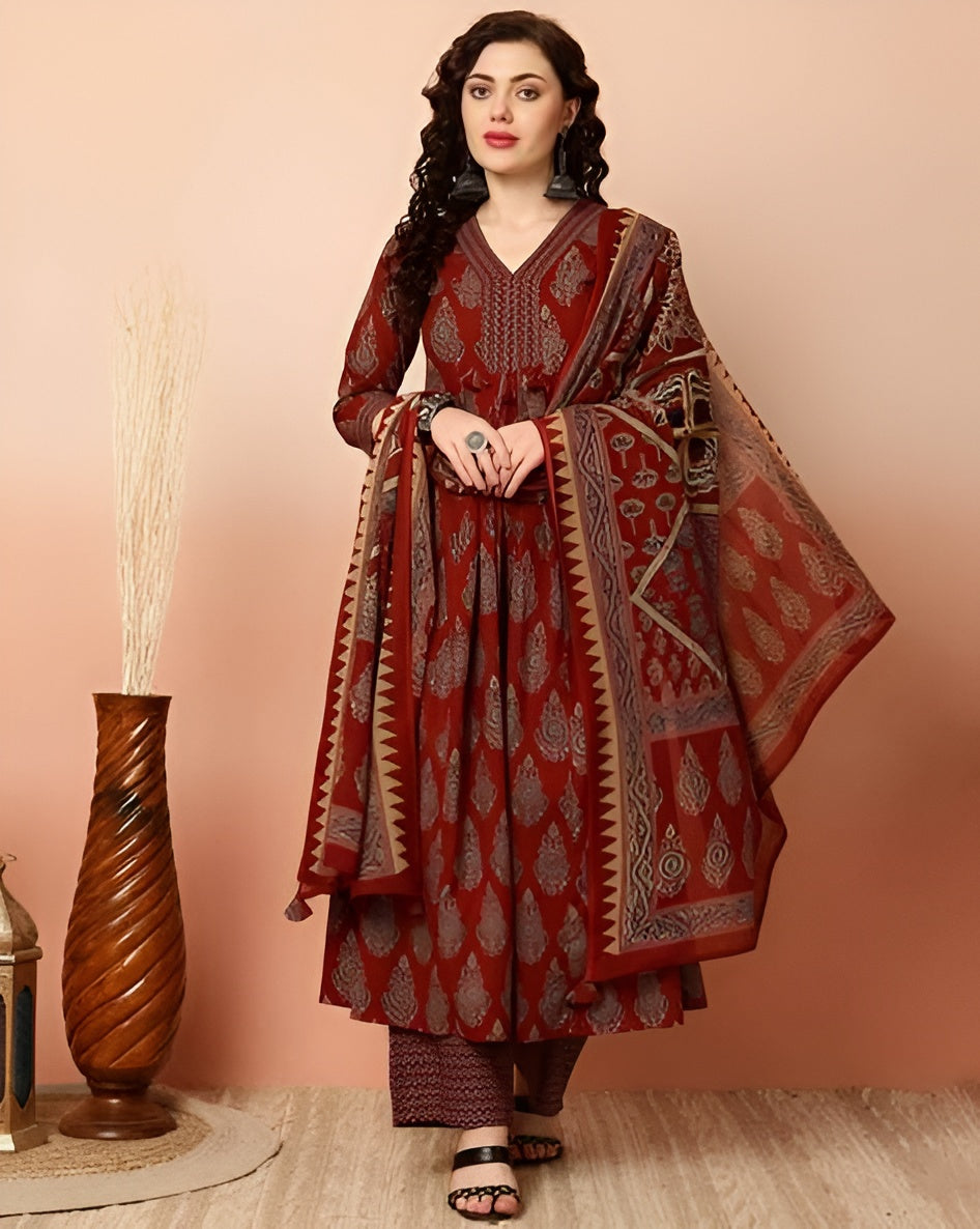 ✨ Women’s Printed Anarkali Kurta & Pant Set with Dupatta – Perfect for Party & Festive Wear