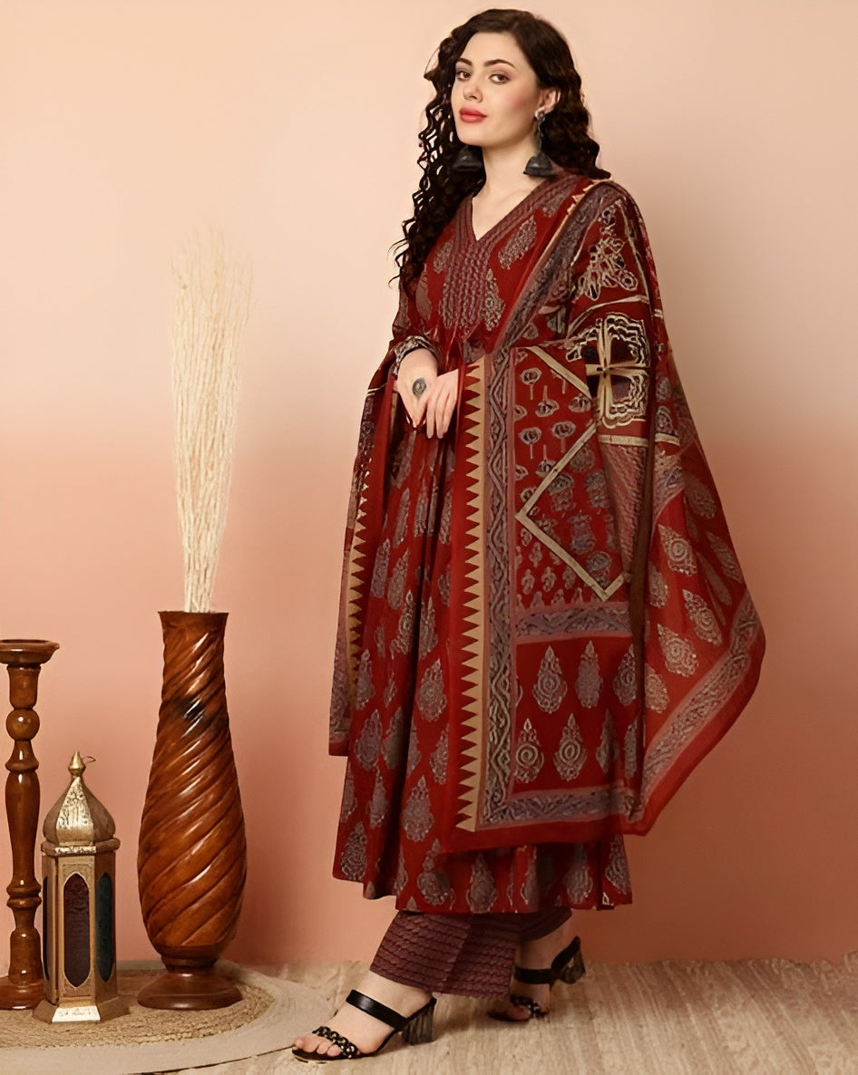 ✨ Women’s Printed Anarkali Kurta & Pant Set with Dupatta – Perfect for Party & Festive Wear