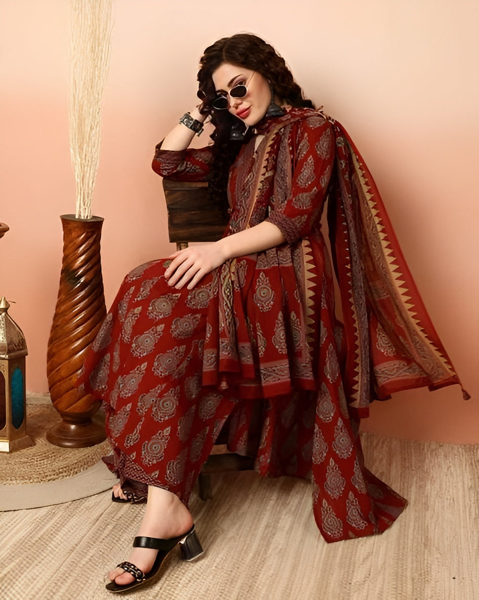 ✨ Women’s Printed Anarkali Kurta & Pant Set with Dupatta – Perfect for Party & Festive Wear