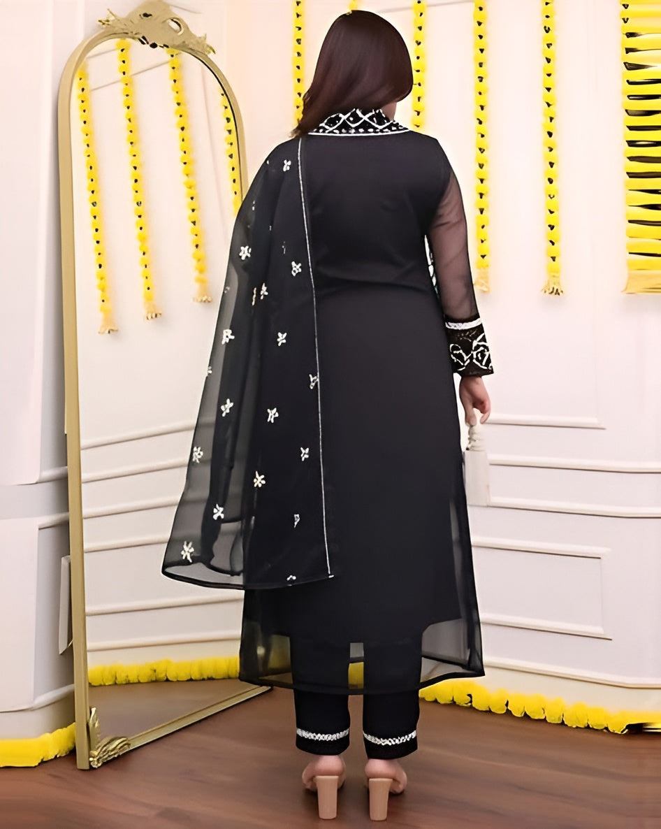 🌟 Black Floral Embroidered Net Kurta Set with Dupatta 🌟