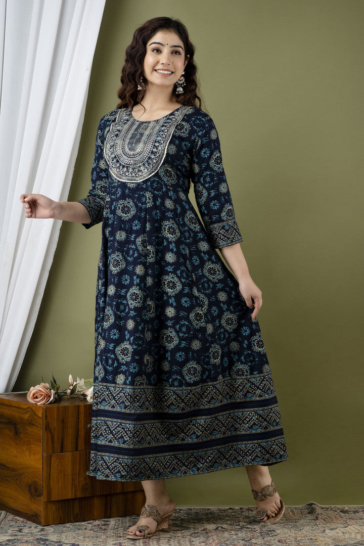 ✨ Navy Blue Embroidered Rayon Anarkali Kurti