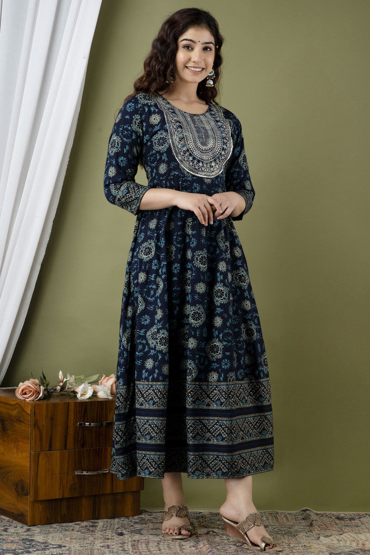 ✨ Navy Blue Embroidered Rayon Anarkali Kurti