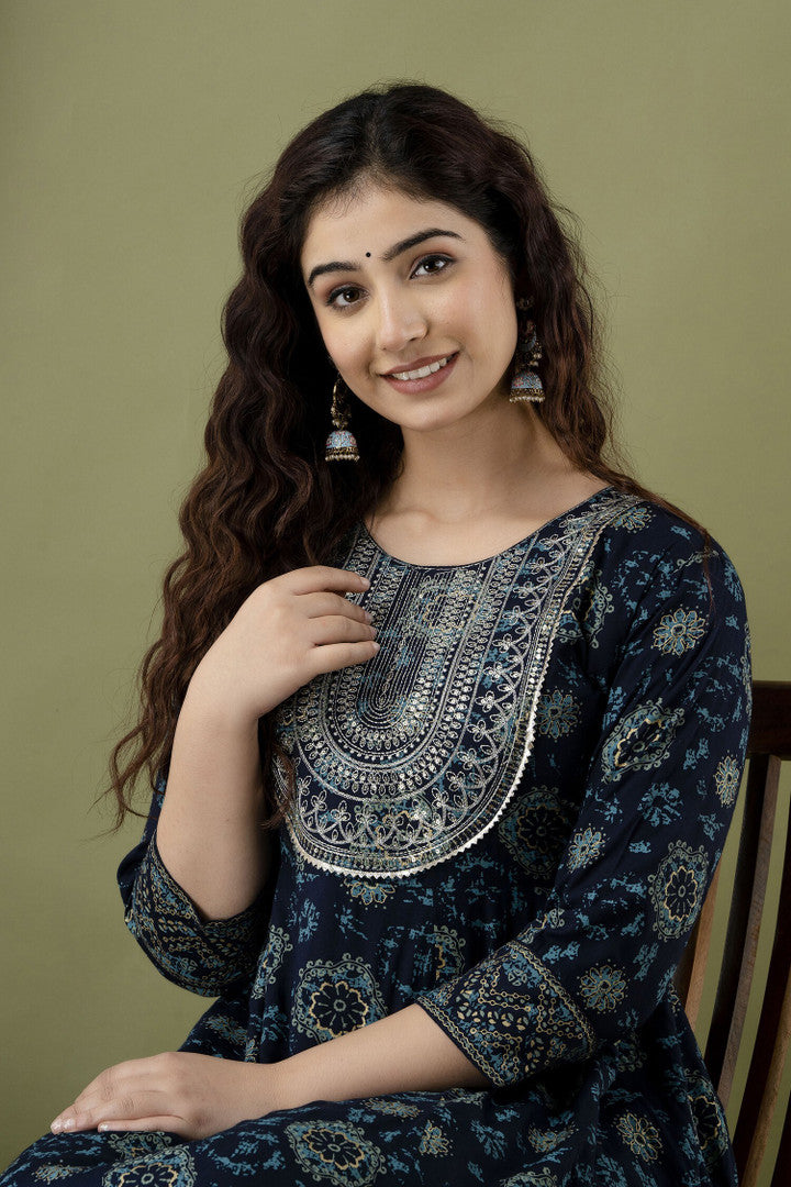 ✨ Navy Blue Embroidered Rayon Anarkali Kurti