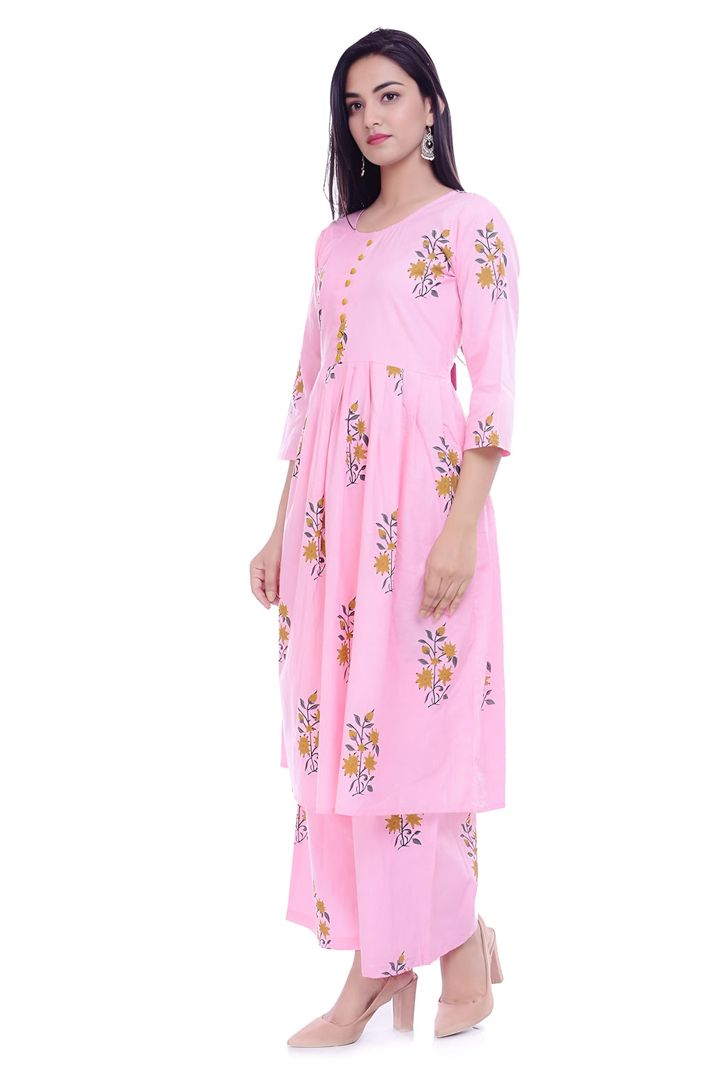 🌸 Fabriko Cotton Pink Floral Printed Flared Anarkali Kurta with Palazzo