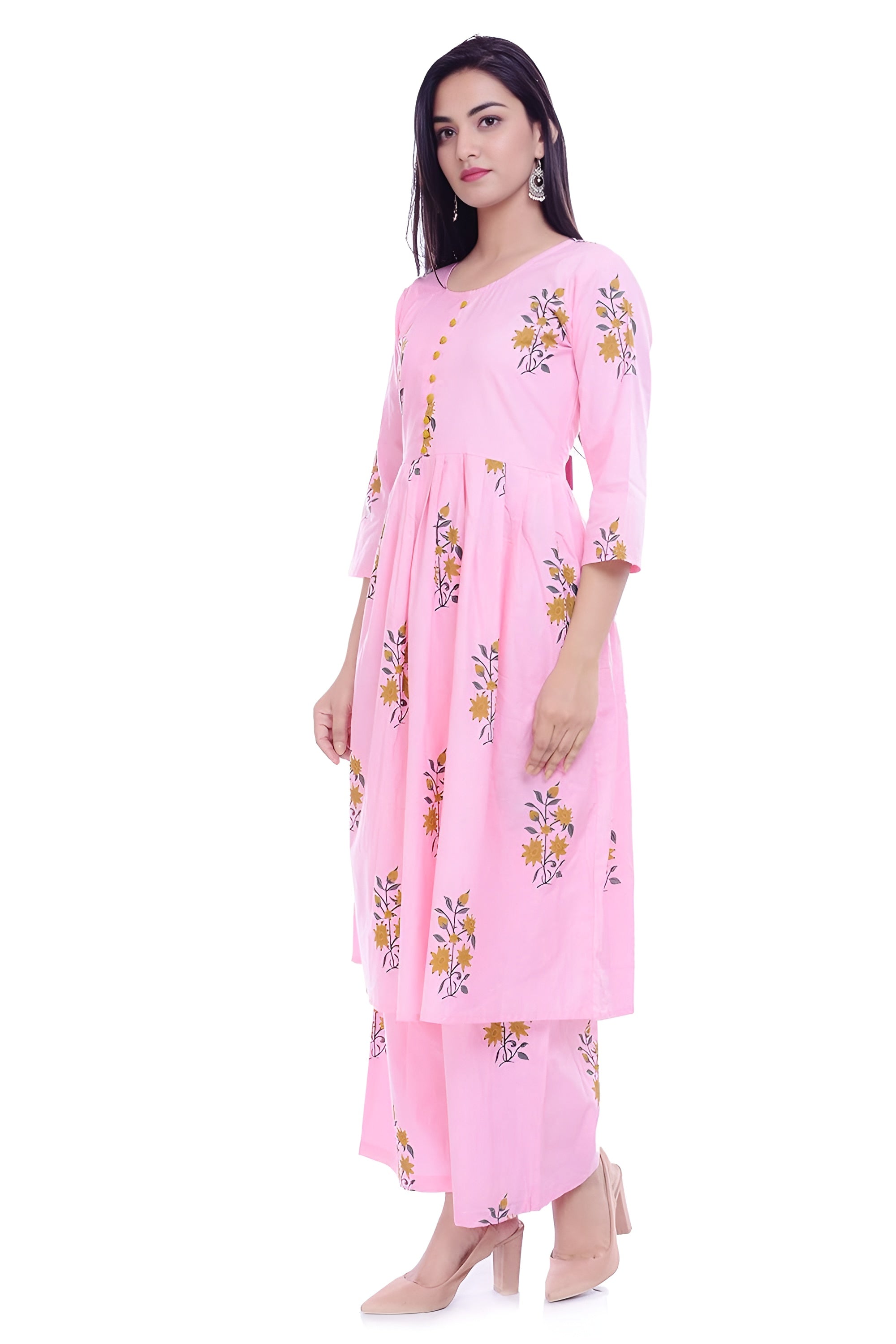 🌸 Fabriko Cotton Pink Floral Printed Flared Anarkali Kurta with Palazzo