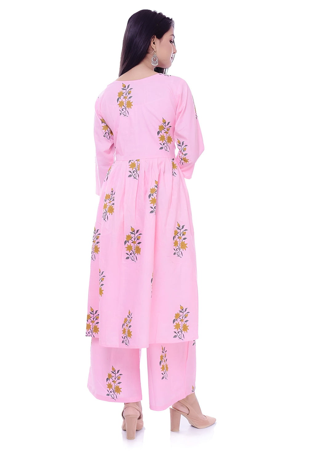 🌸 Fabriko Cotton Pink Floral Printed Flared Anarkali Kurta with Palazzo