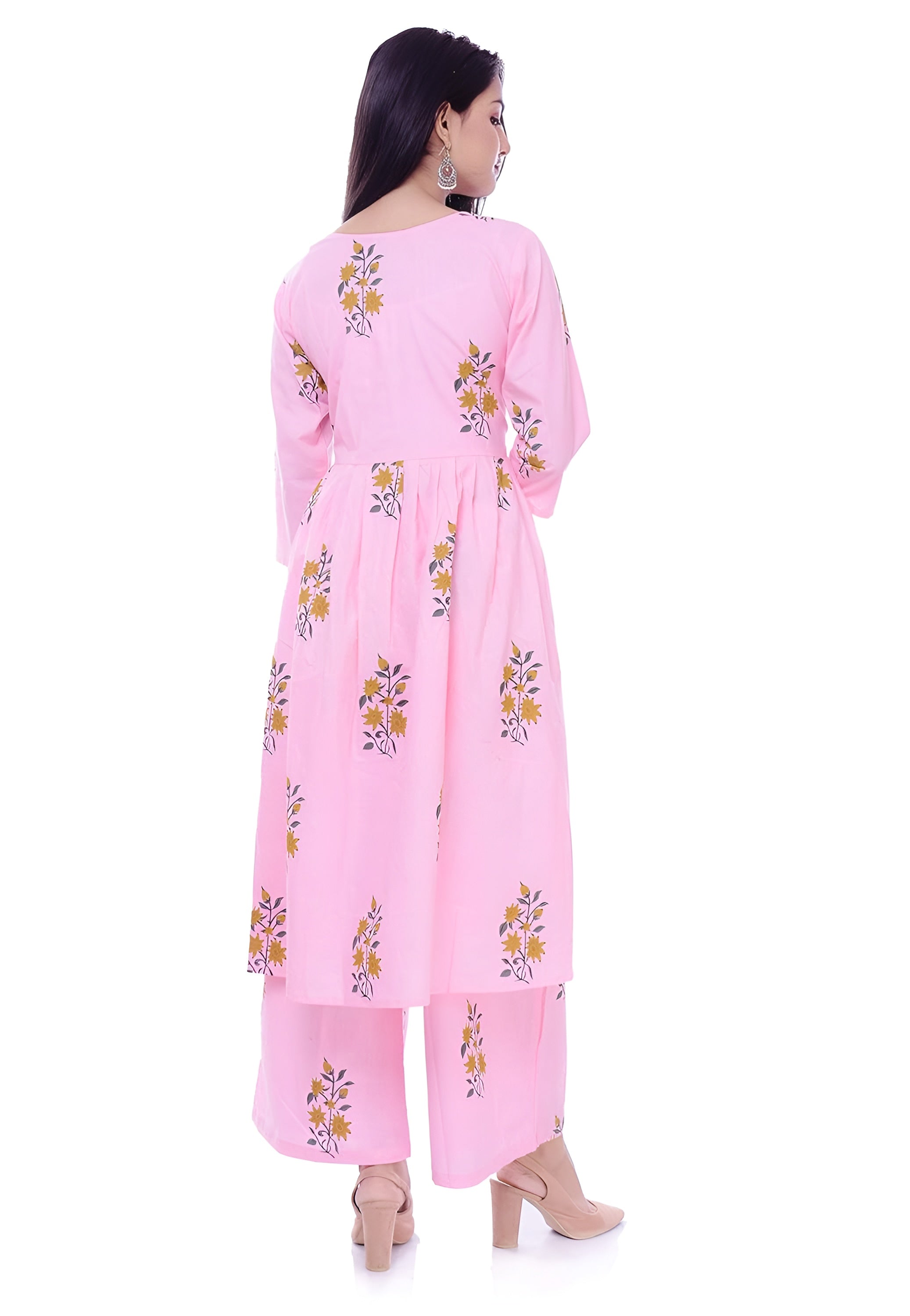 🌸 Fabriko Cotton Pink Floral Printed Flared Anarkali Kurta with Palazzo