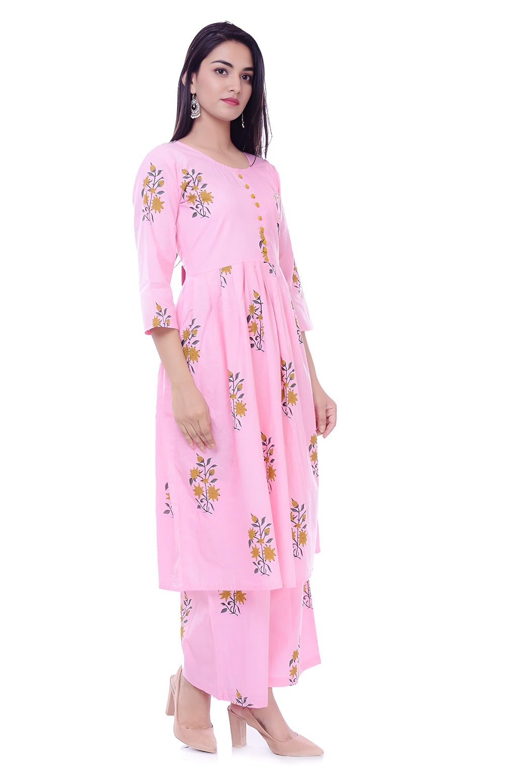 🌸 Fabriko Cotton Pink Floral Printed Flared Anarkali Kurta with Palazzo