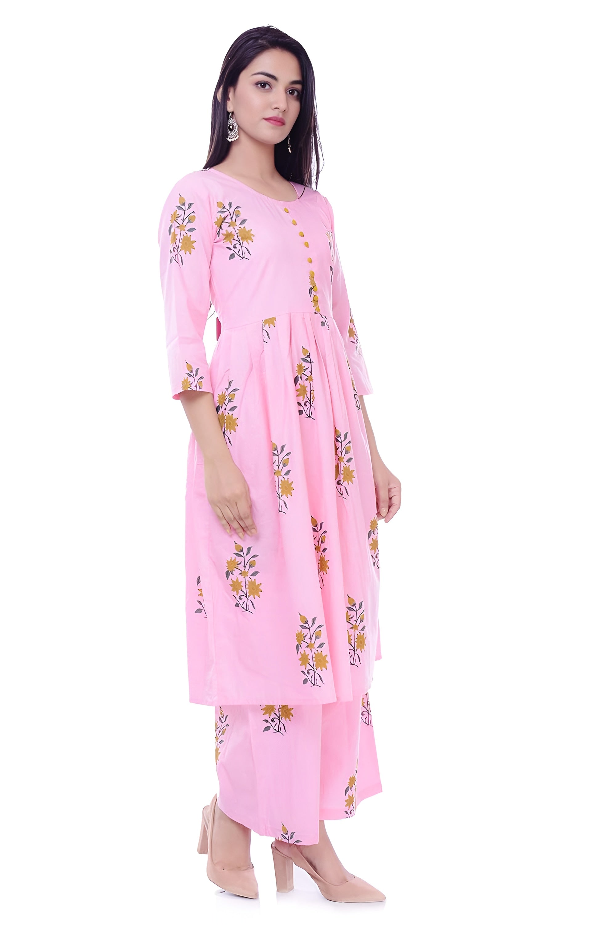 🌸 Fabriko Cotton Pink Floral Printed Flared Anarkali Kurta with Palazzo