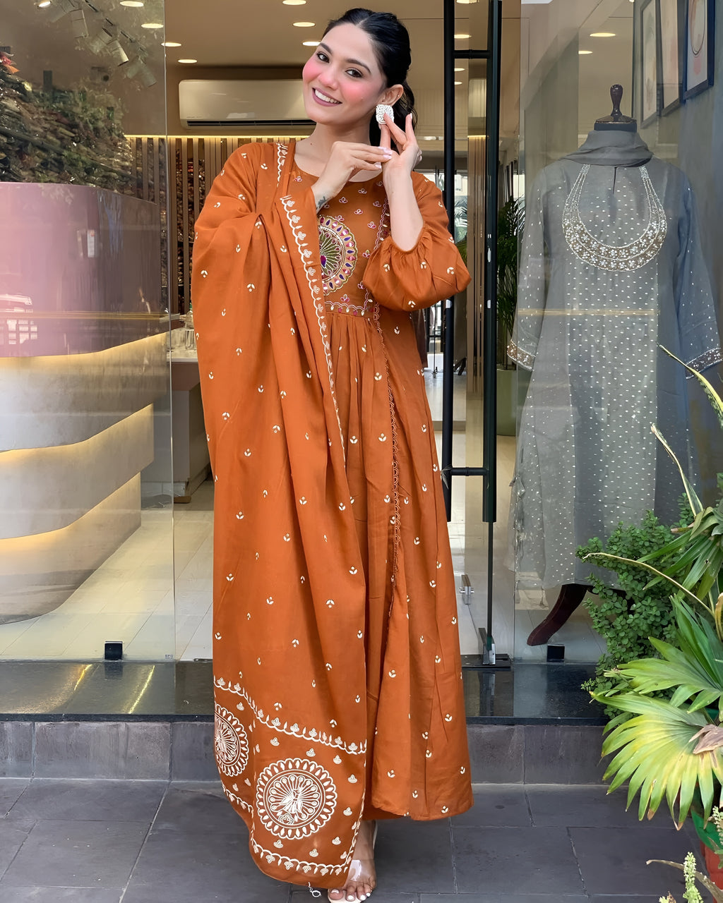 Rust Embroidered A-Line Kurta Pant Set with Dupatta – Ethnic Wear