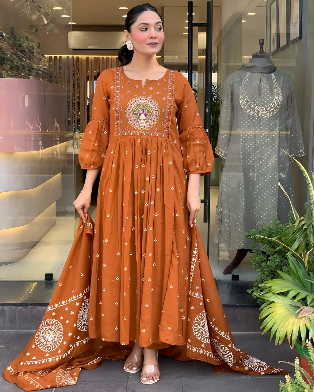 Rust Embroidered A-Line Kurta Pant Set with Dupatta – Ethnic Wear