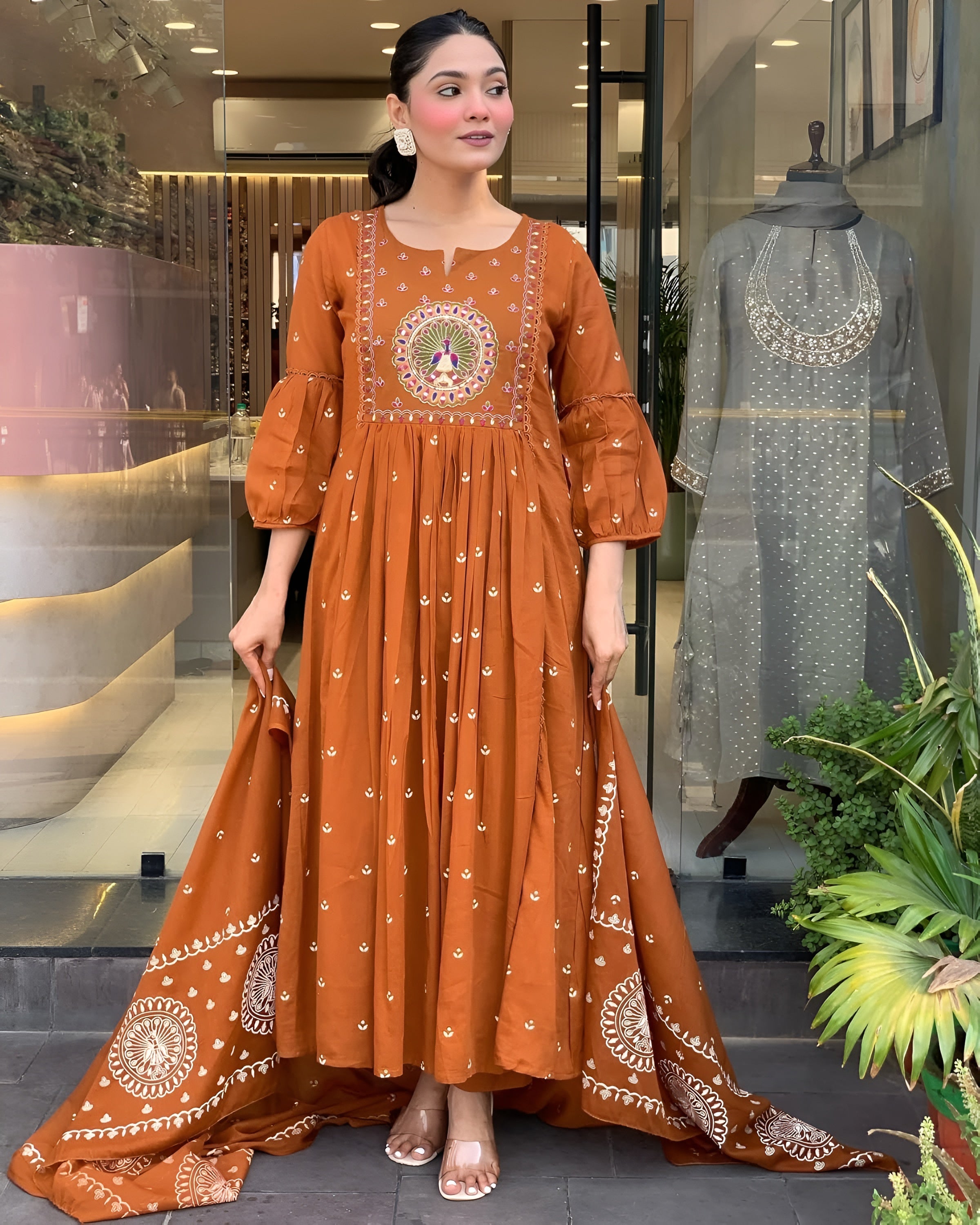 Rust Embroidered A-Line Kurta Pant Set with Dupatta – Ethnic Wear