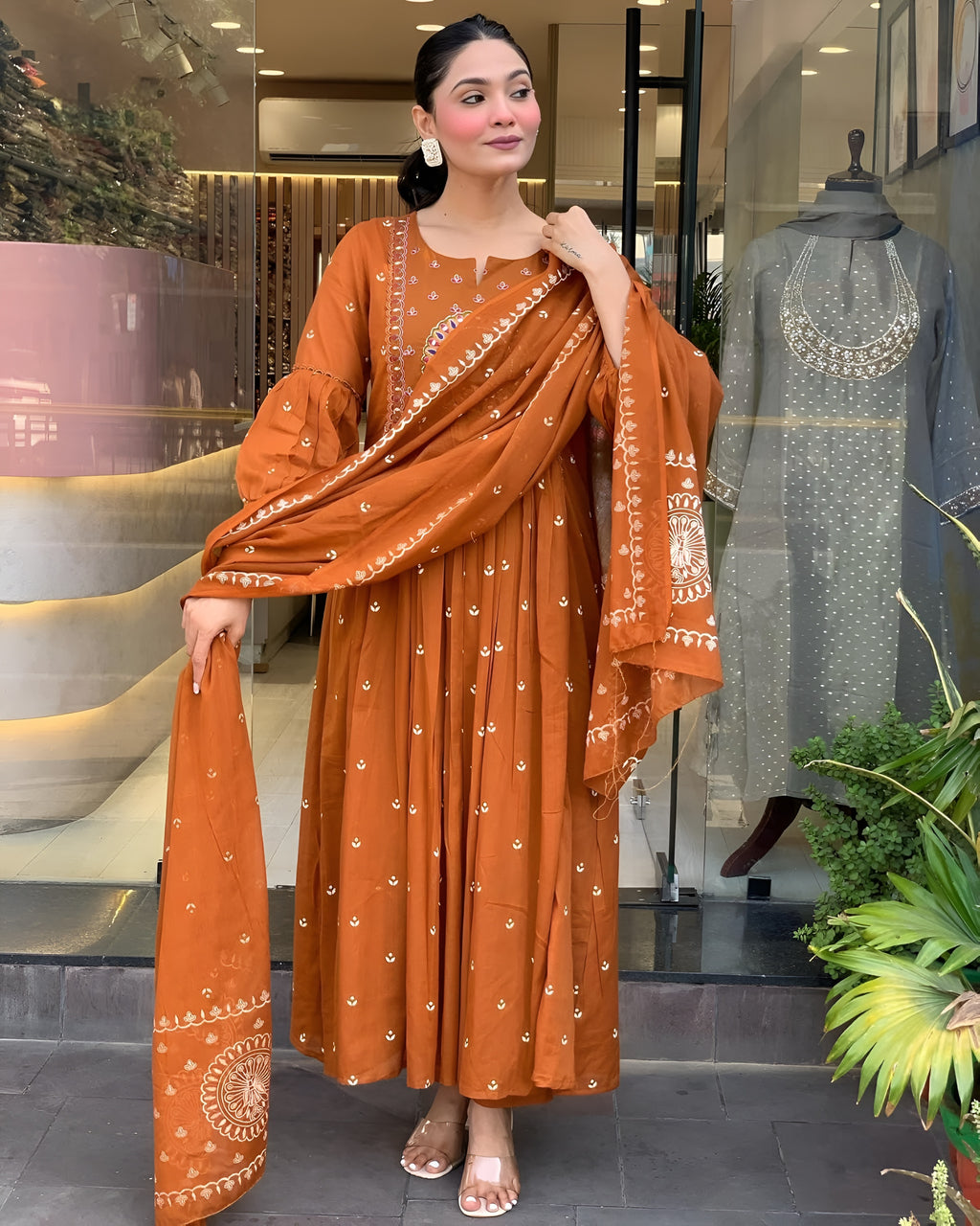 Rust Embroidered A-Line Kurta Pant Set with Dupatta – Ethnic Wear
