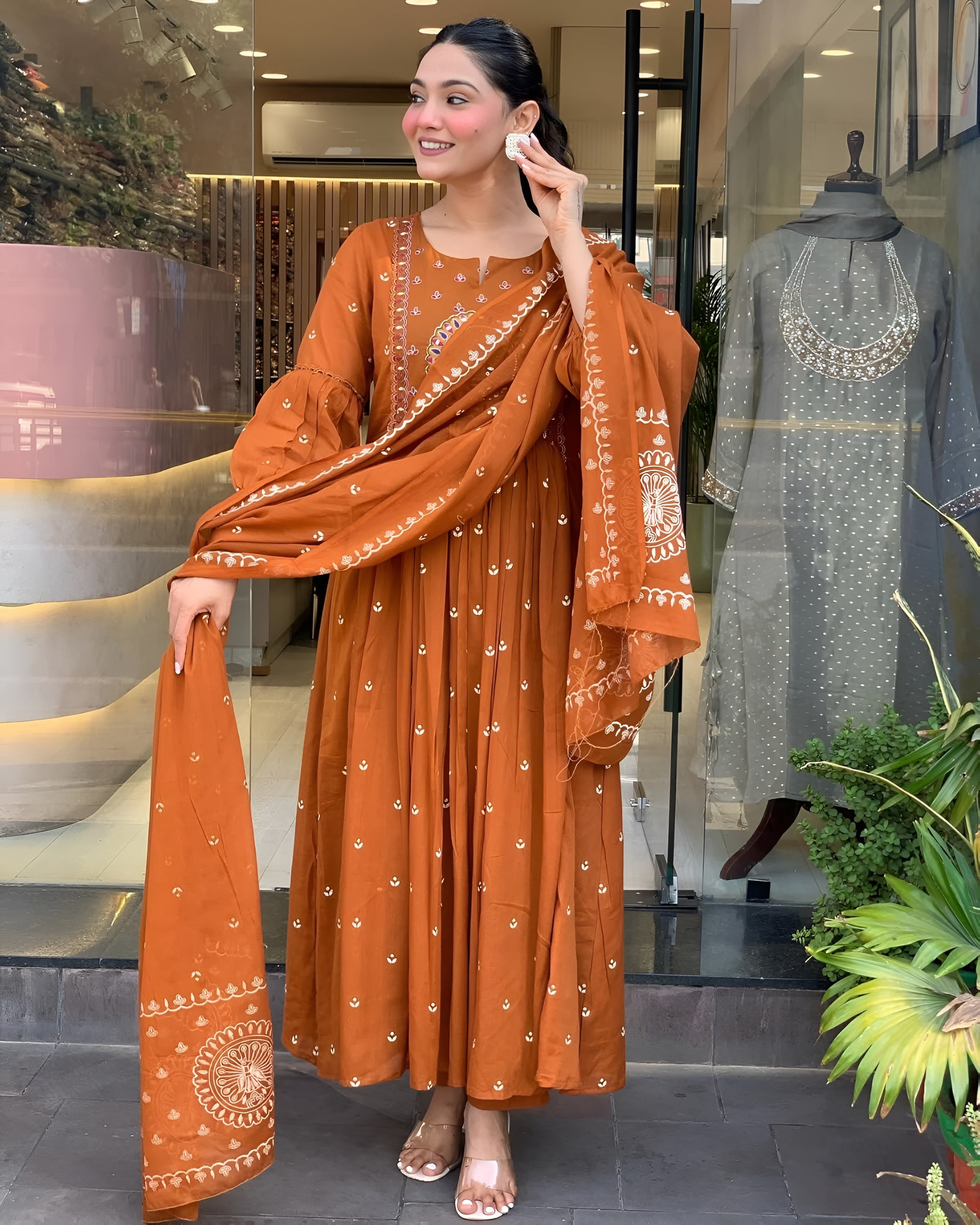 Rust Embroidered A-Line Kurta Pant Set with Dupatta – Ethnic Wear