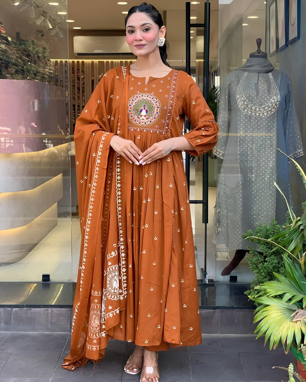 Rust Embroidered A-Line Kurta Pant Set with Dupatta – Ethnic Wear