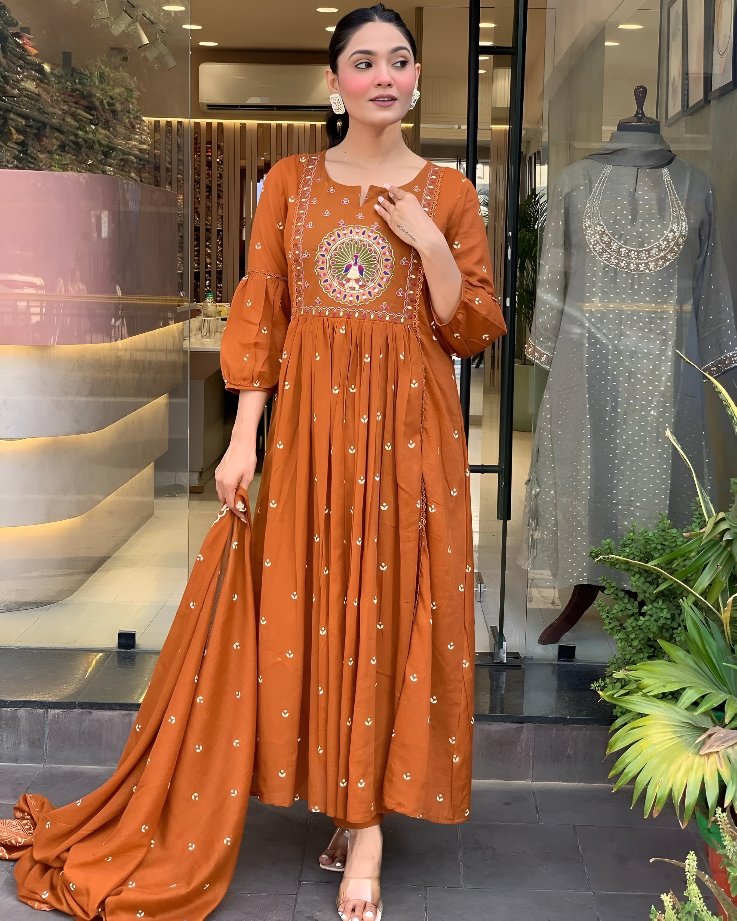 Rust Embroidered A-Line Kurta Pant Set with Dupatta – Ethnic Wear