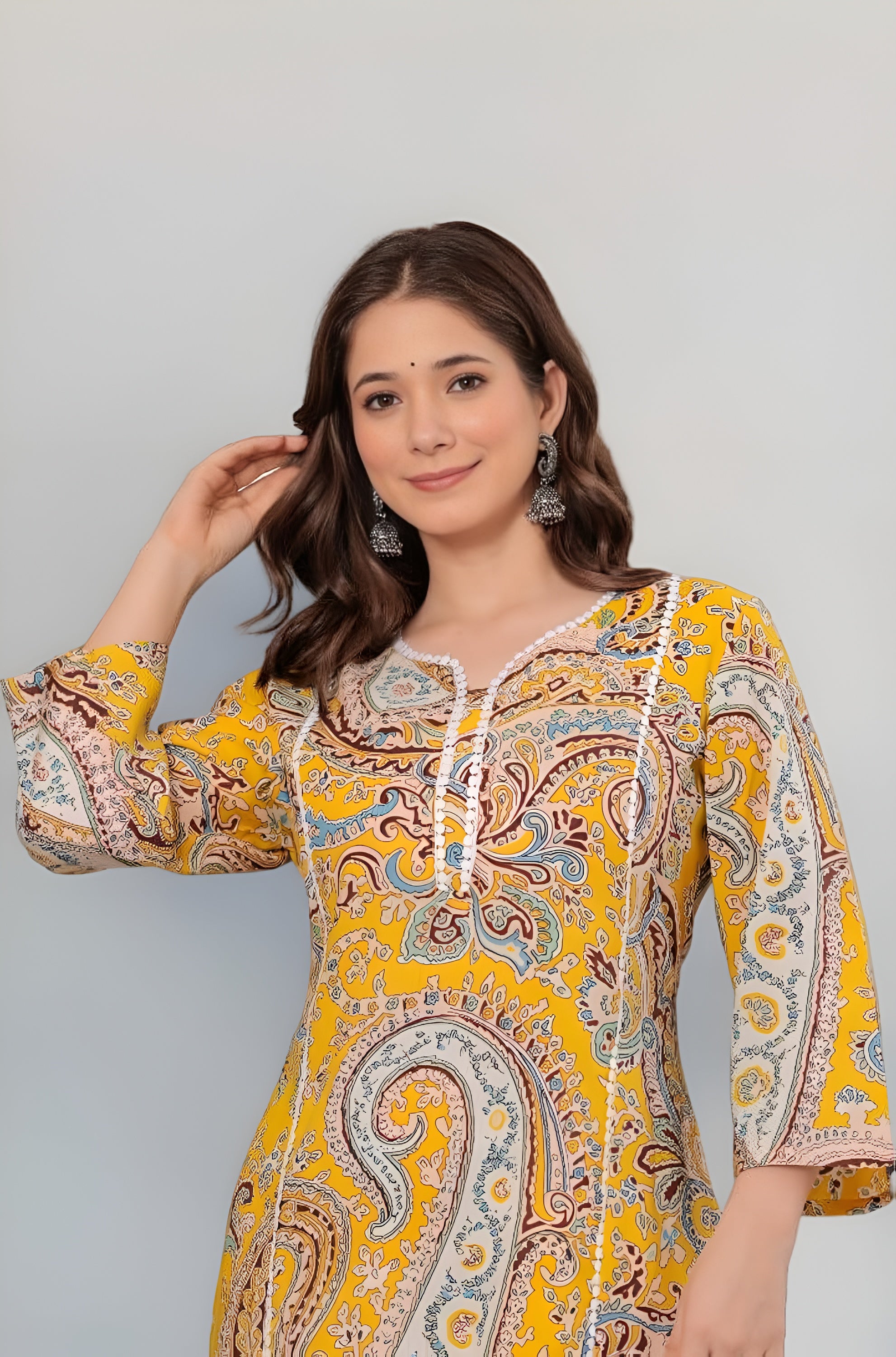 💛 KHUHA Carry Kurta – Yellow Printed Rayon Kurta