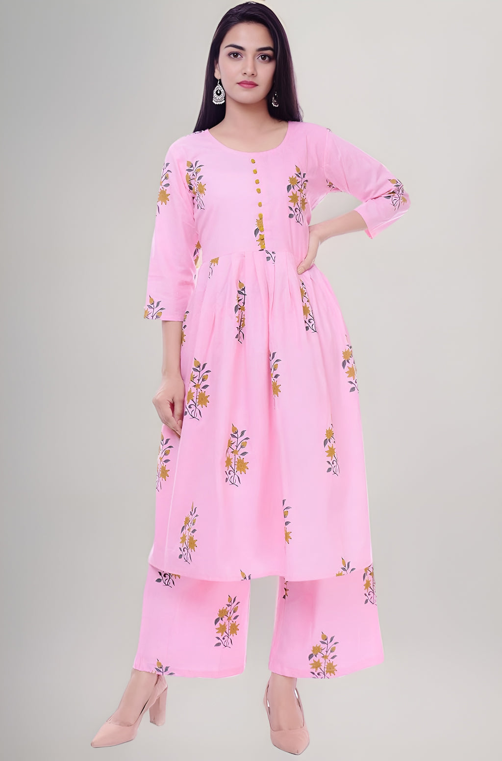 🌸 Fabriko Cotton Pink Floral Printed Flared Anarkali Kurta with Palazzo