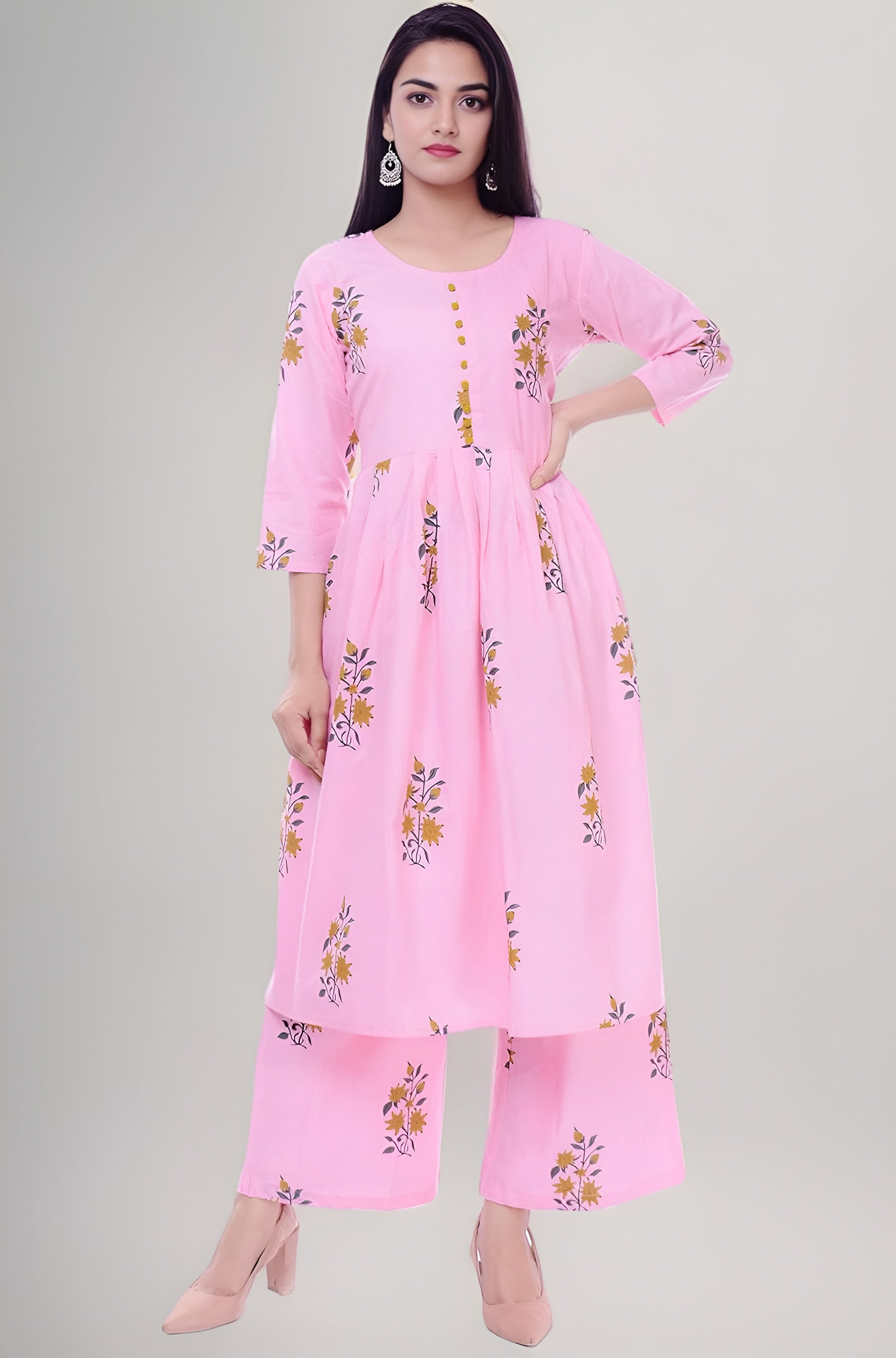 🌸 Fabriko Cotton Pink Floral Printed Flared Anarkali Kurta with Palazzo