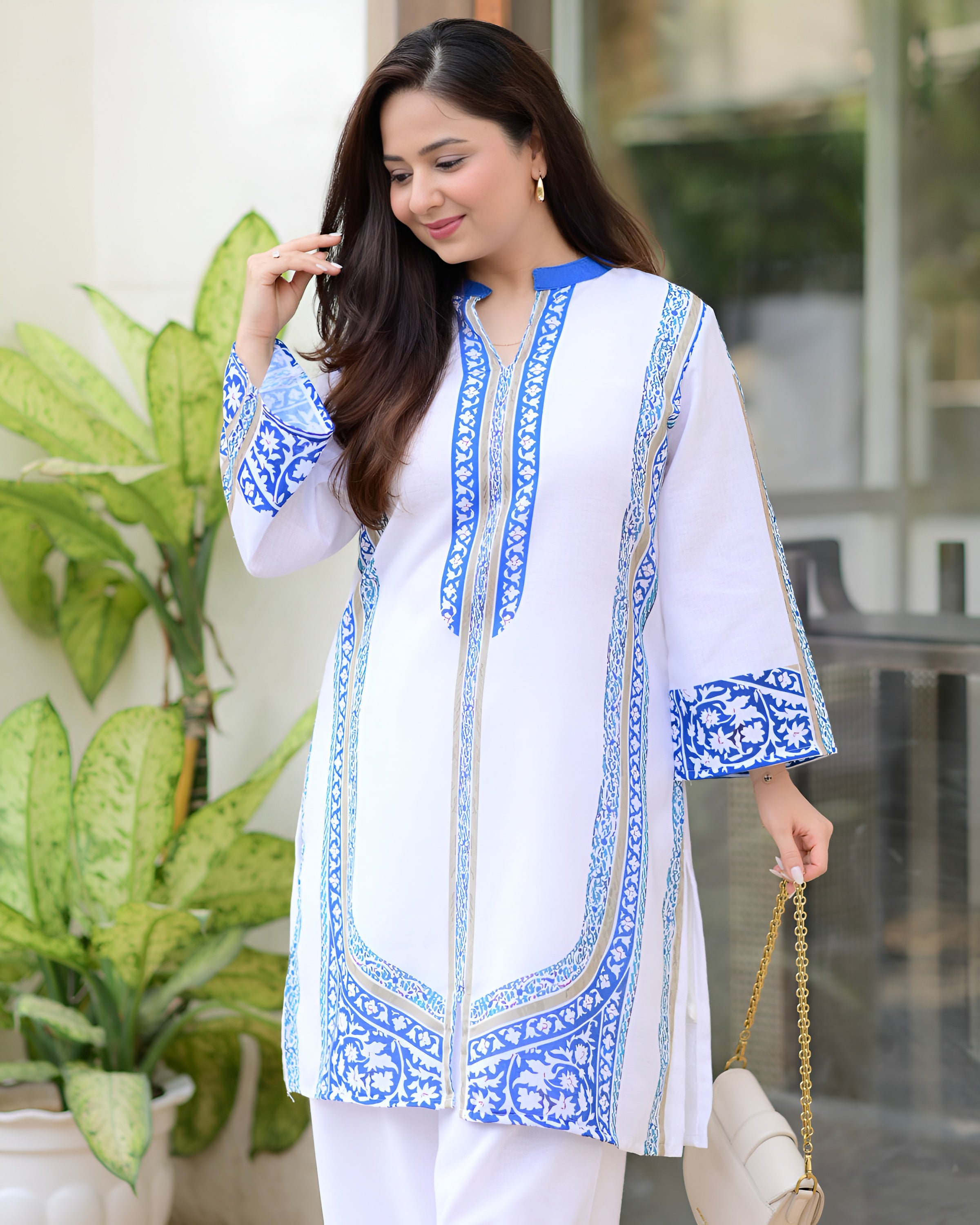 ✨ Graceful White & Blue Elegance – Women’s Printed Kurta Palazzo Set ✨