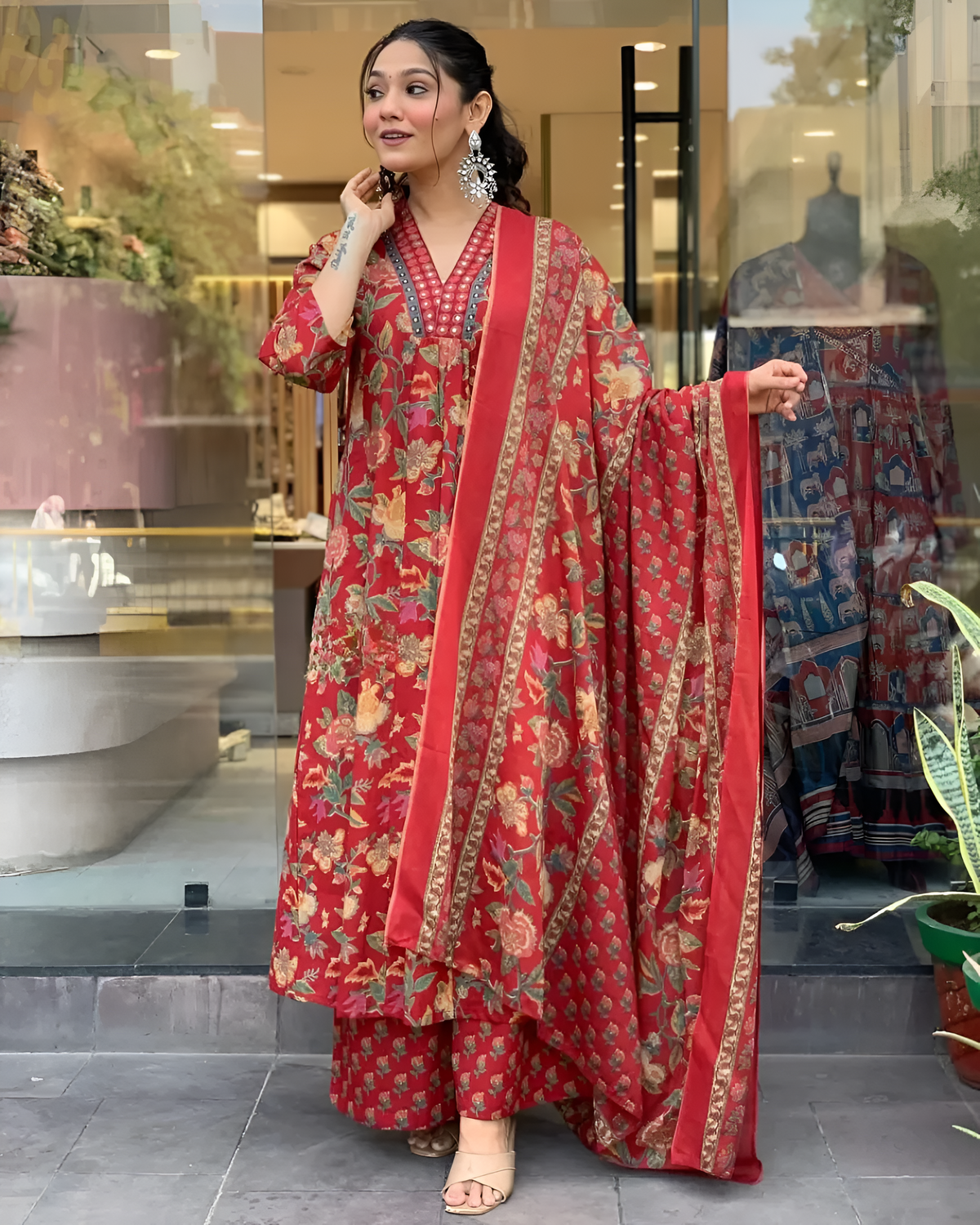✨ Printed Mirror Work Maroon Anarkali Kurta With Palazzos & Dupatta