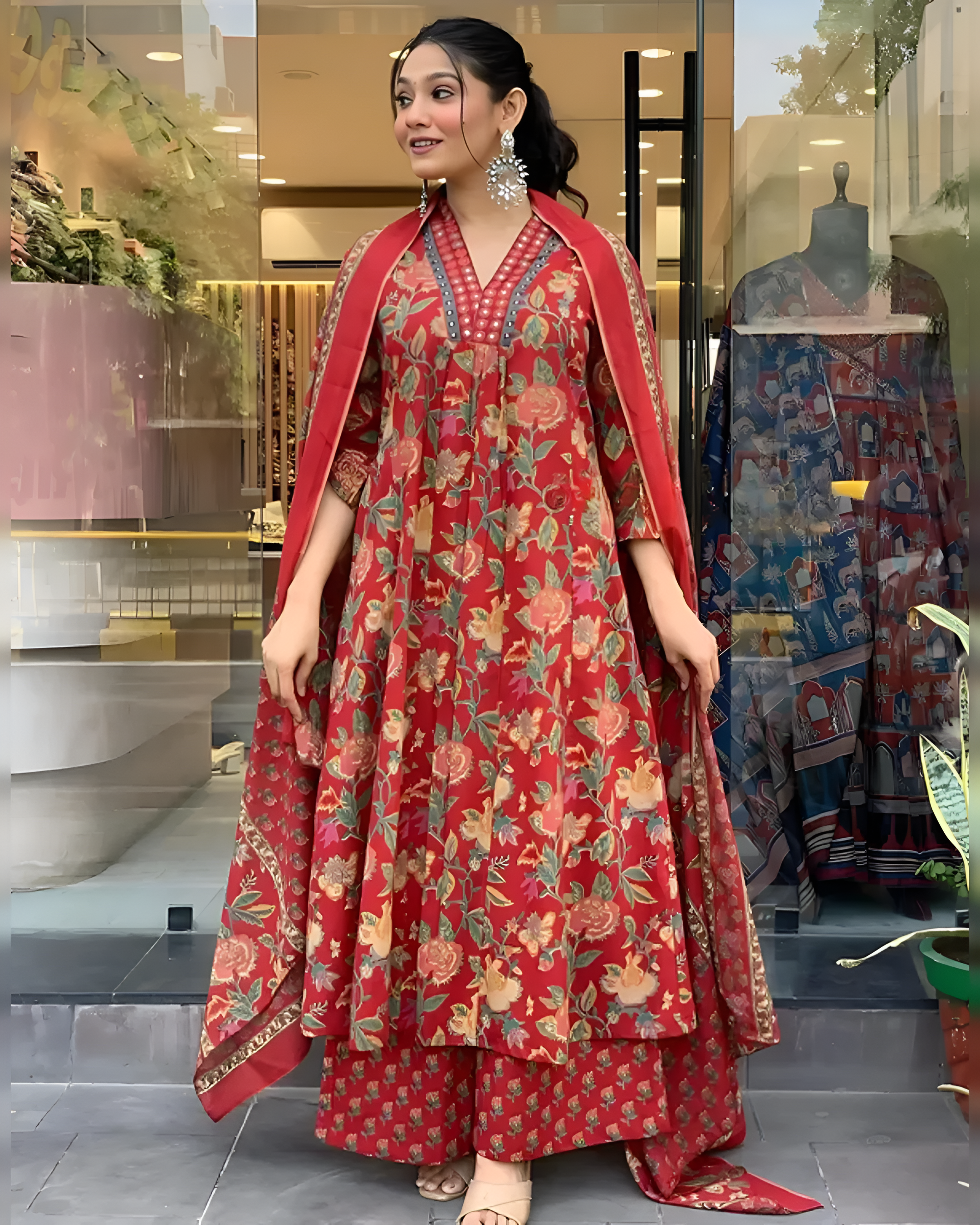 ✨ Printed Mirror Work Maroon Anarkali Kurta With Palazzos & Dupatta