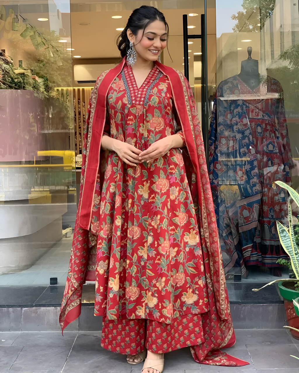 ✨ Printed Mirror Work Maroon Anarkali Kurta With Palazzos & Dupatta