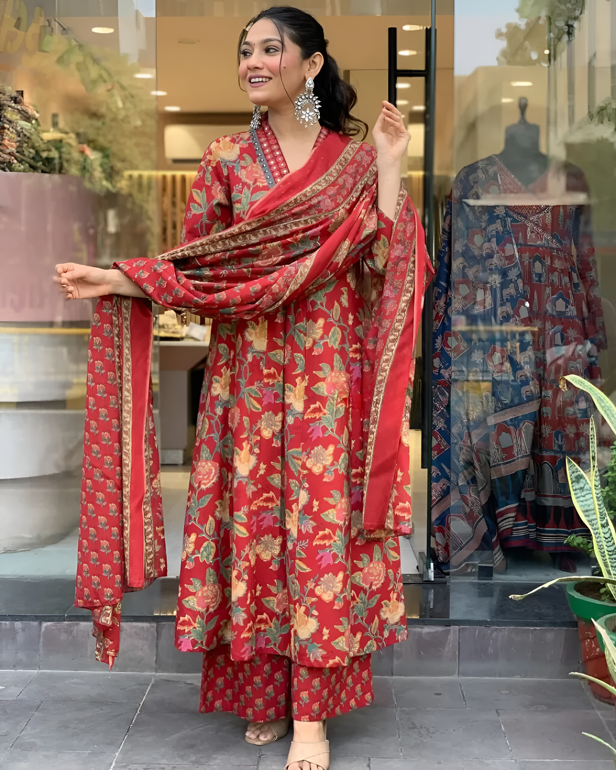 ✨ Printed Mirror Work Maroon Anarkali Kurta With Palazzos & Dupatta