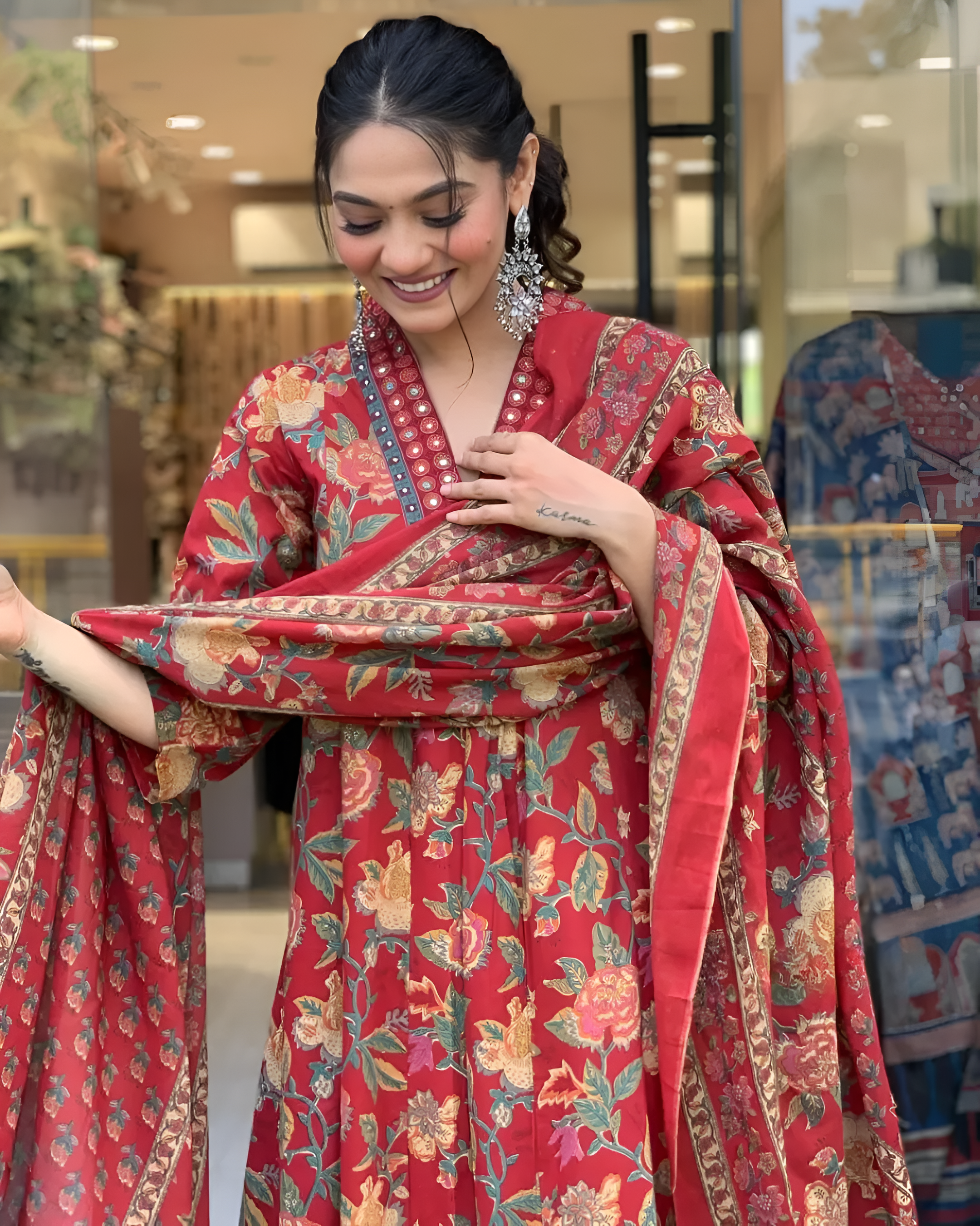 ✨ Printed Mirror Work Maroon Anarkali Kurta With Palazzos & Dupatta