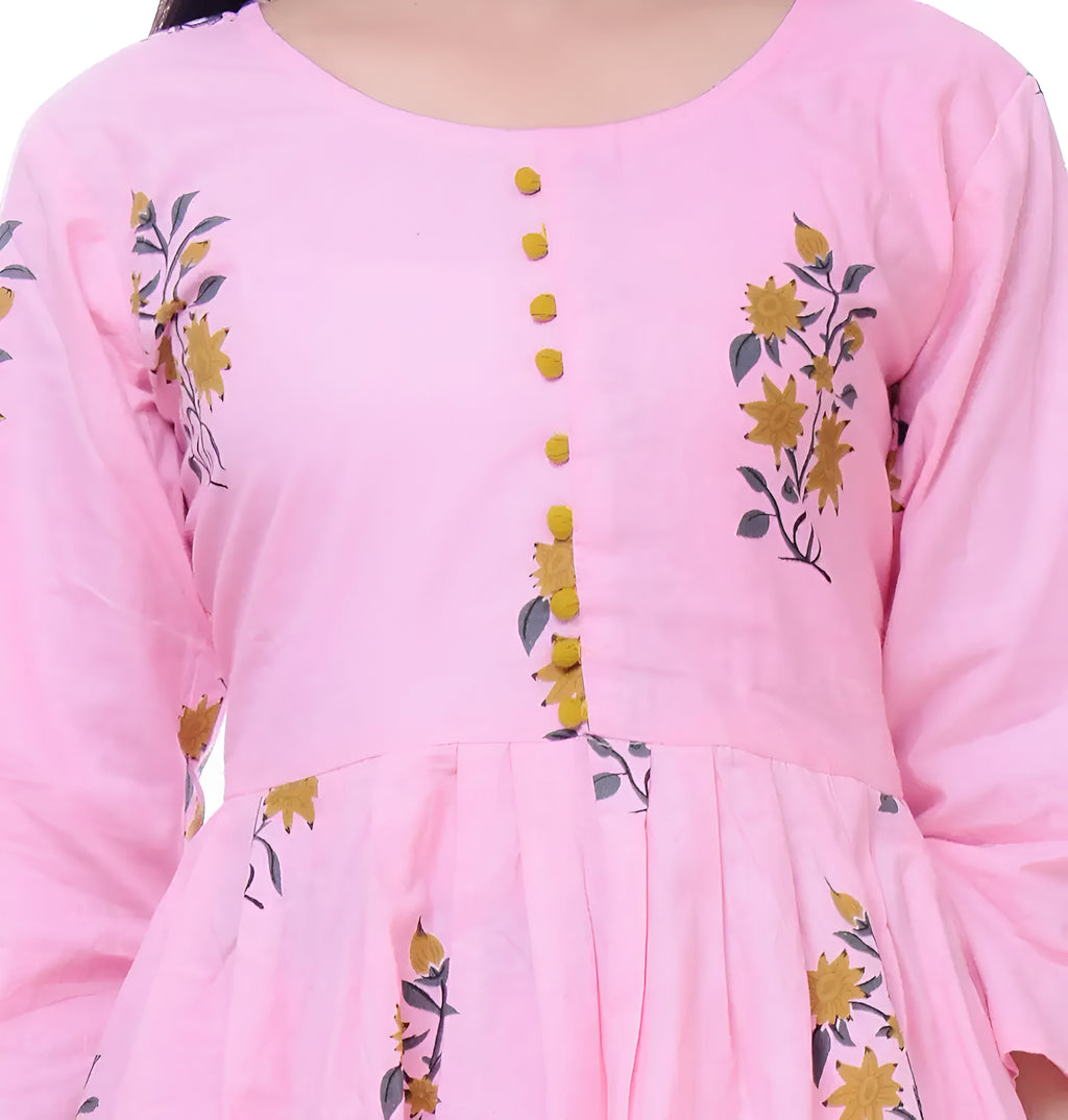 🌸 Fabriko Cotton Pink Floral Printed Flared Anarkali Kurta with Palazzo