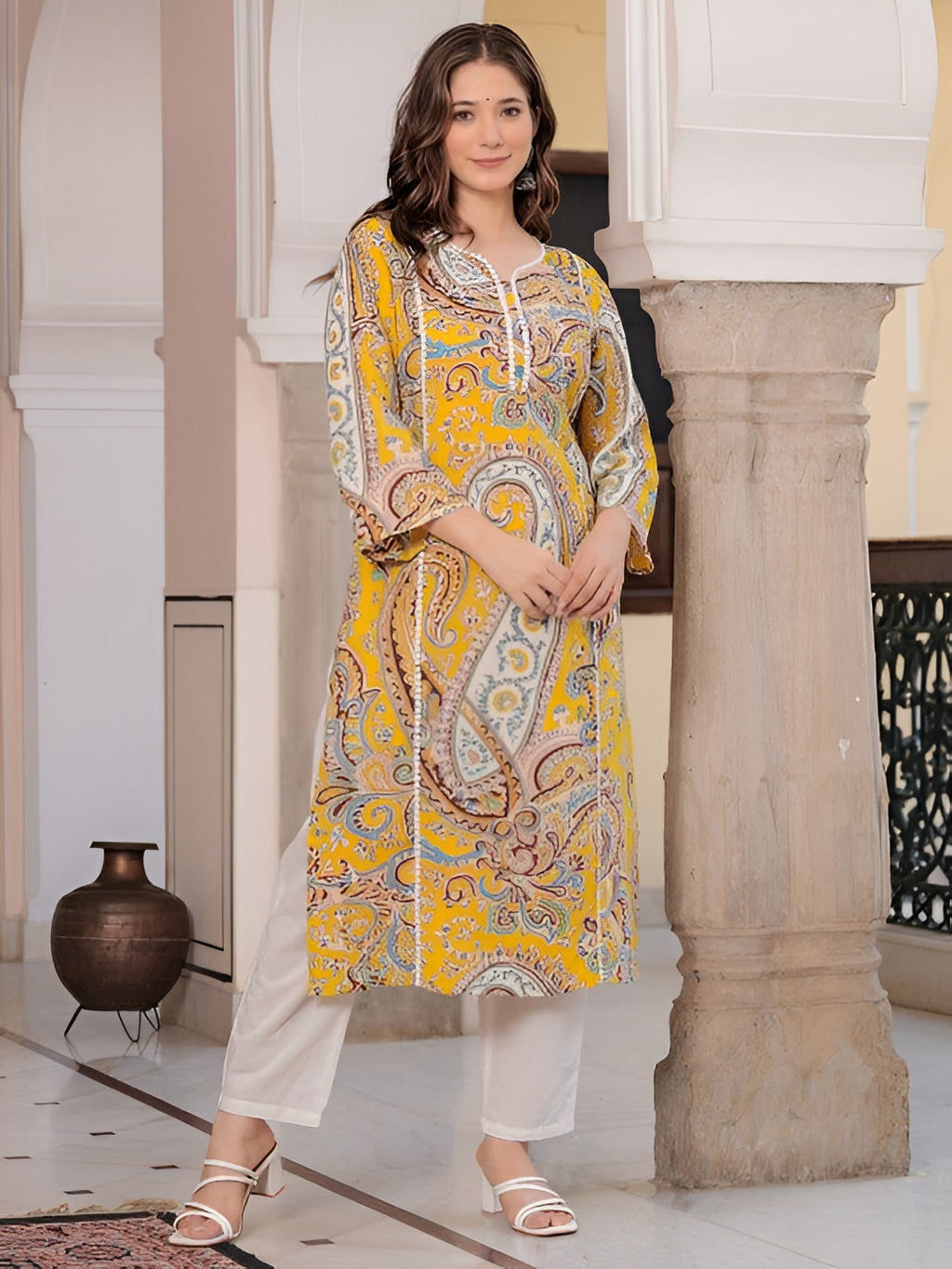 💛 KHUHA Carry Kurta – Yellow Printed Rayon Kurta