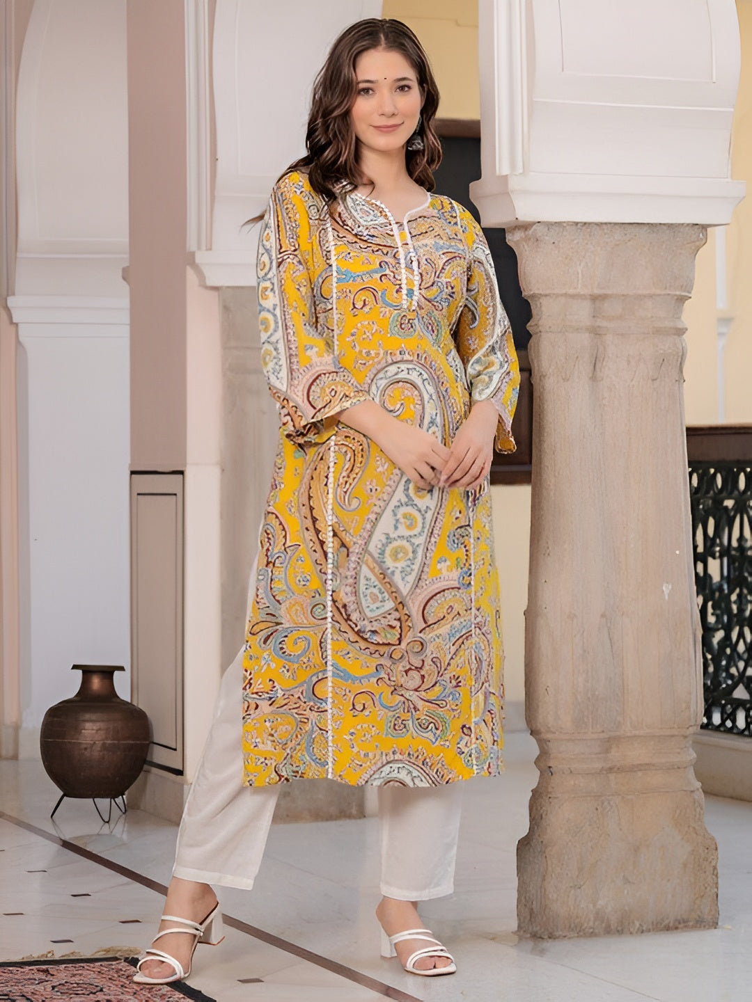 💛 KHUHA Carry Kurta – Yellow Printed Rayon Kurta