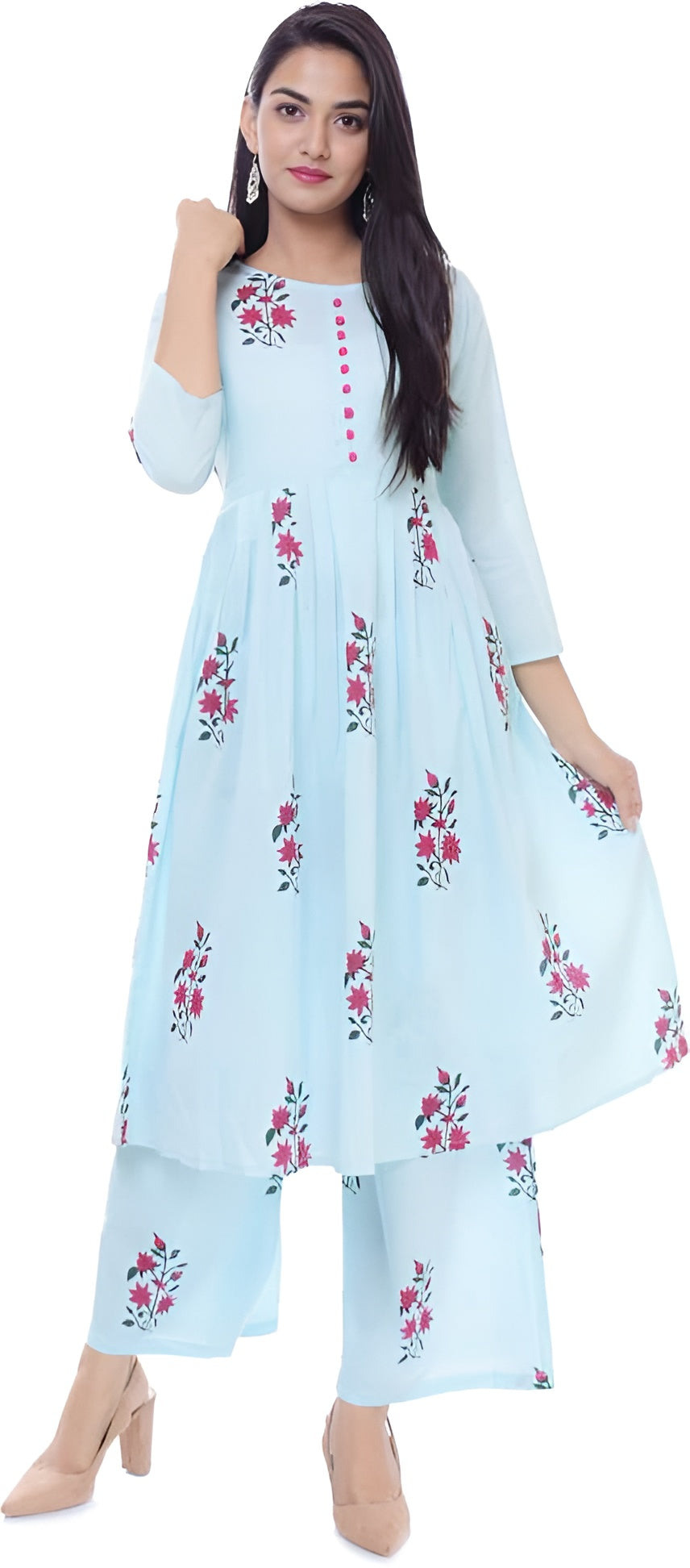 💙 Fabriko Cotton Blue Floral Printed Flared Anarkali Kurta with Palazzo