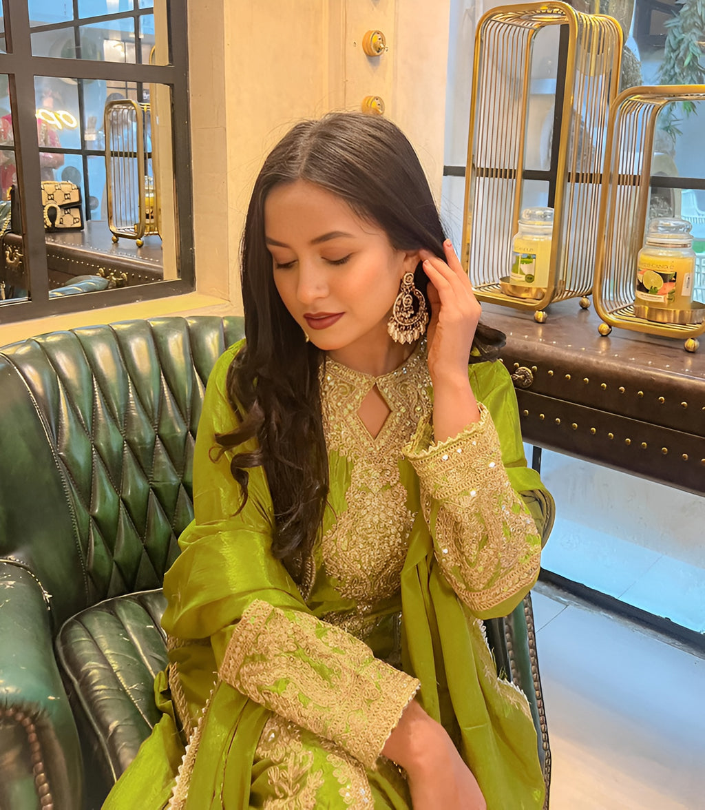 ✨ Designer Embroidered Party-Wear Kurta Palazzo & Dupatta Set – Green