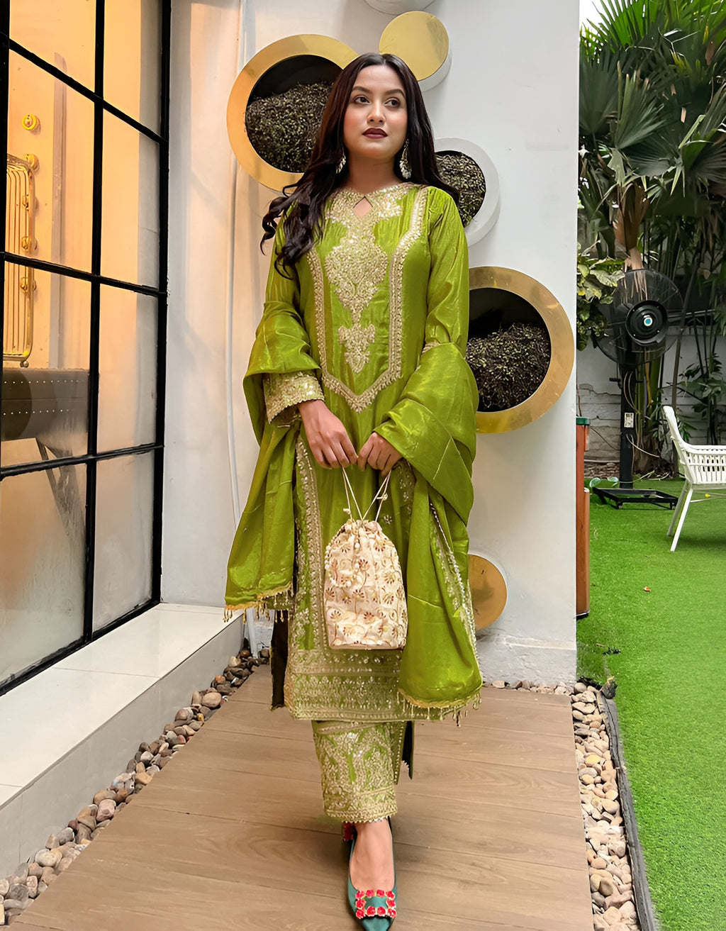 ✨ Designer Embroidered Party-Wear Kurta Palazzo & Dupatta Set – Green