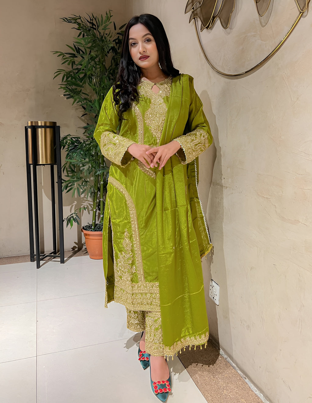 ✨ Designer Embroidered Party-Wear Kurta Palazzo & Dupatta Set – Green
