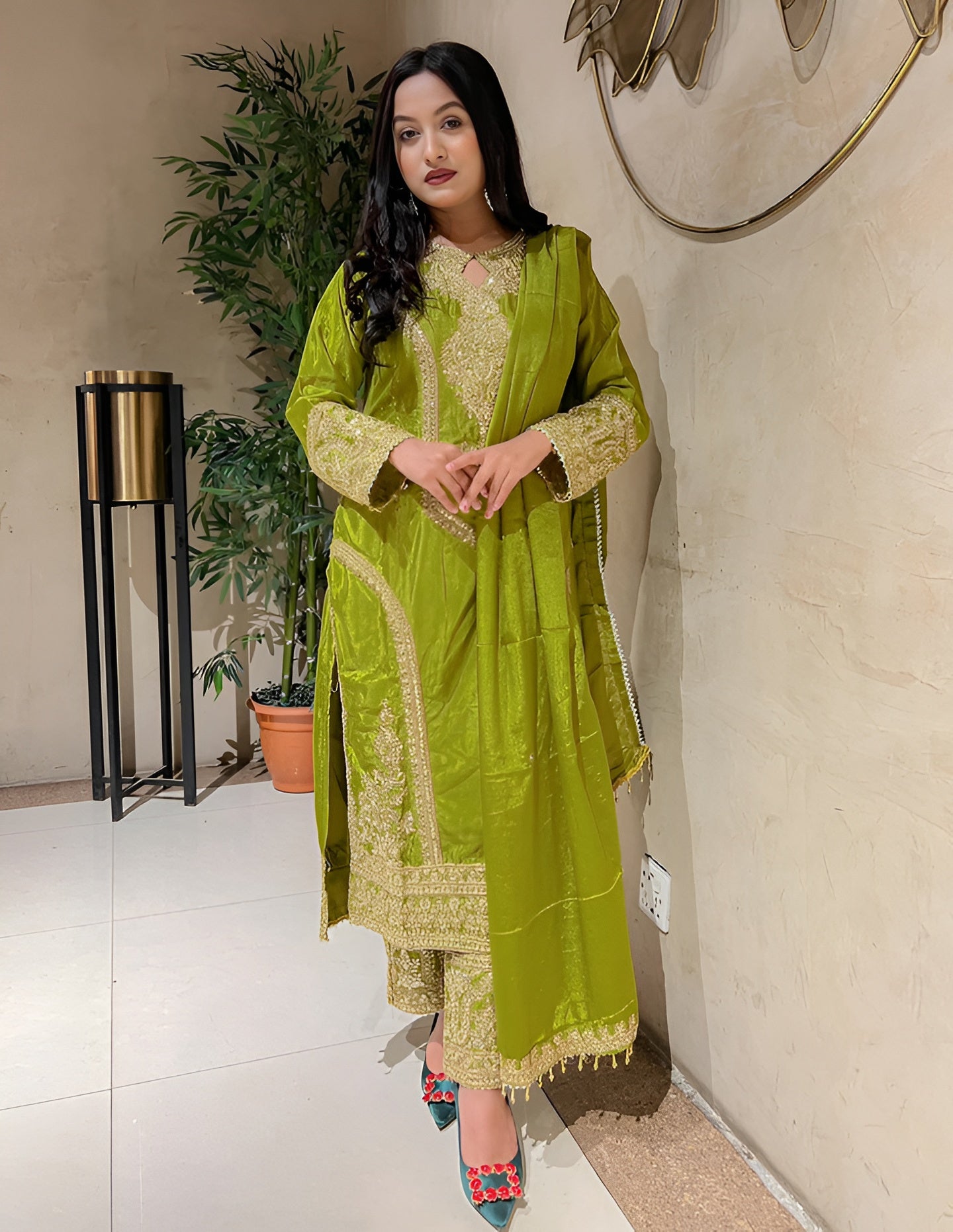 ✨ Designer Embroidered Party-Wear Kurta Palazzo & Dupatta Set – Green