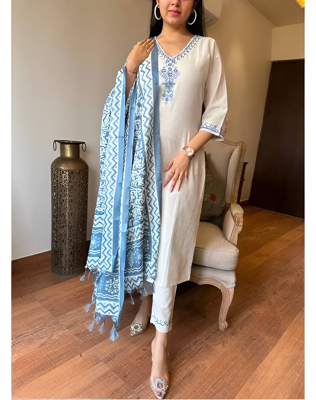 White Khadi Cotton Embroidered Kurta Pant Set with Dupatta