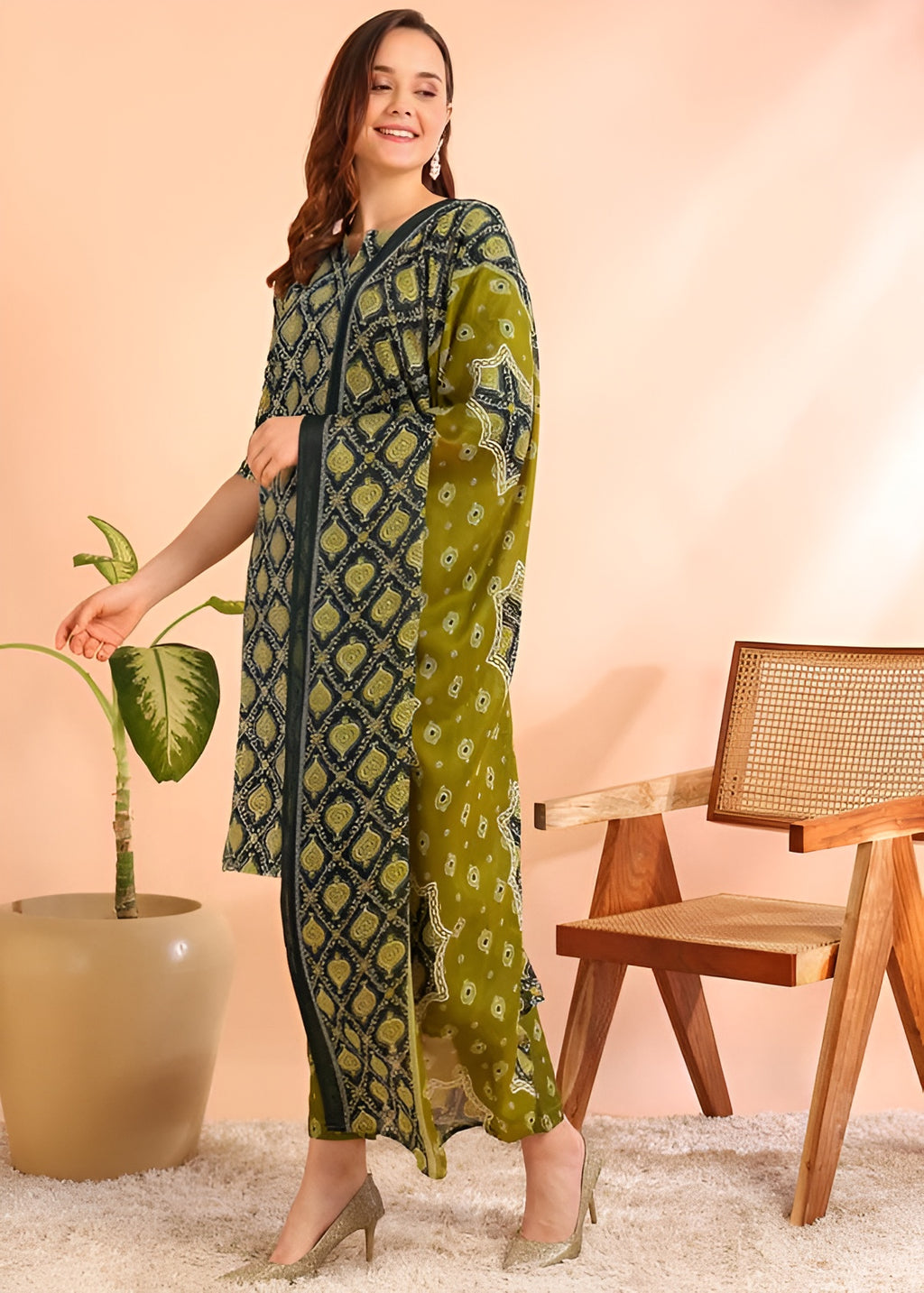 🌿 Green Poly Rayon Foil Print Kurta Pant Set with Dupatta 🌿