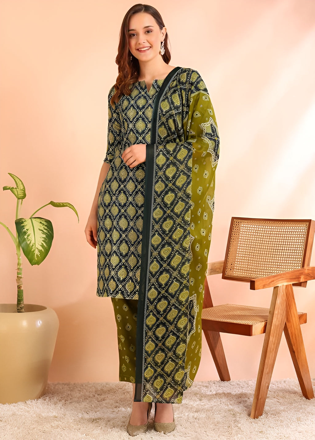 🌿 Green Poly Rayon Foil Print Kurta Pant Set with Dupatta 🌿