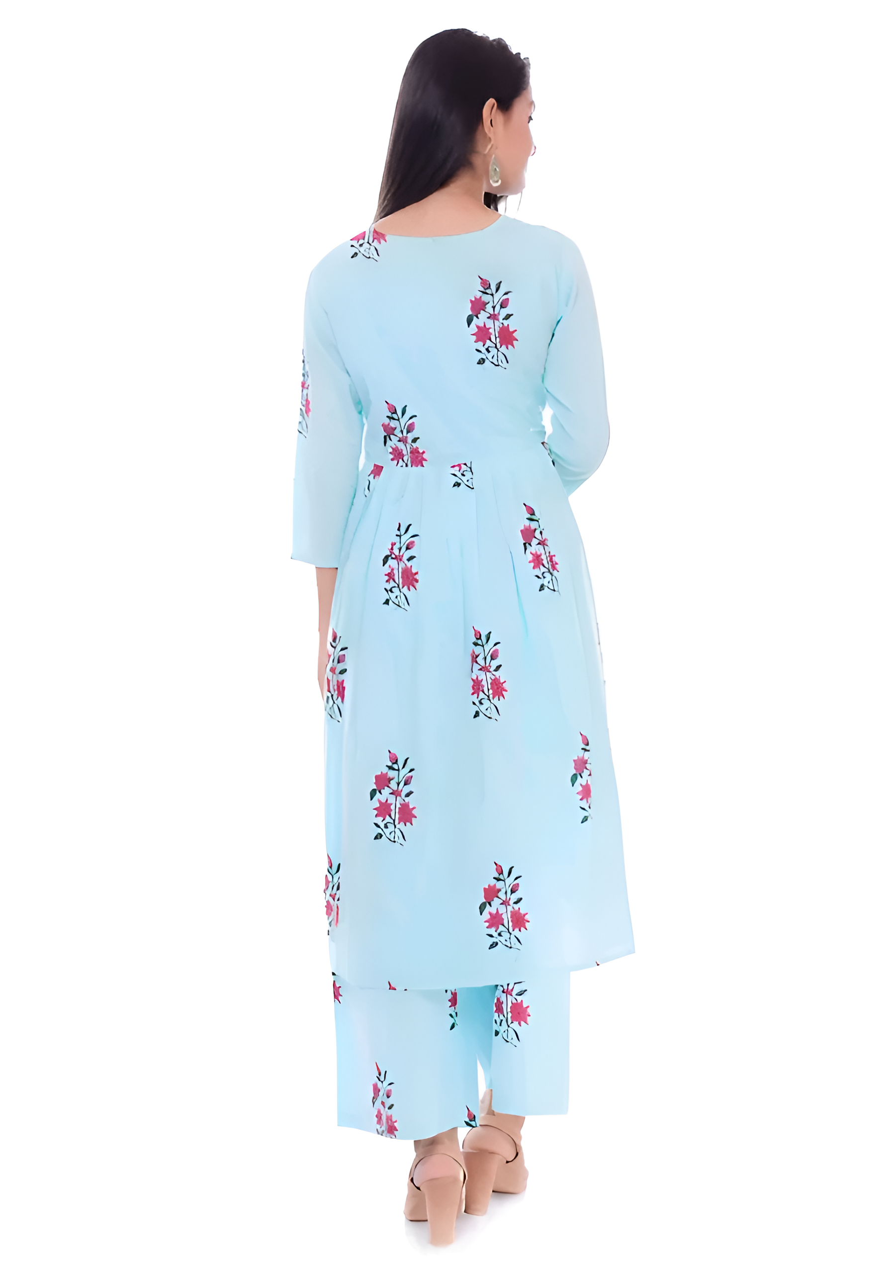 💙 Fabriko Cotton Blue Floral Printed Flared Anarkali Kurta with Palazzo
