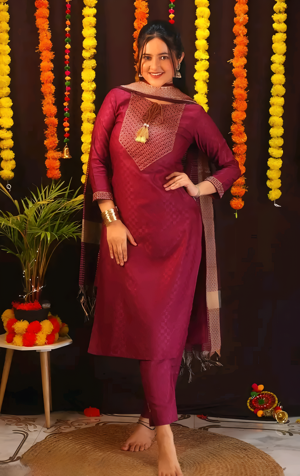🌺 Maroon Cotton Embroidered Kurta Pant Set with Dupatta 🌺