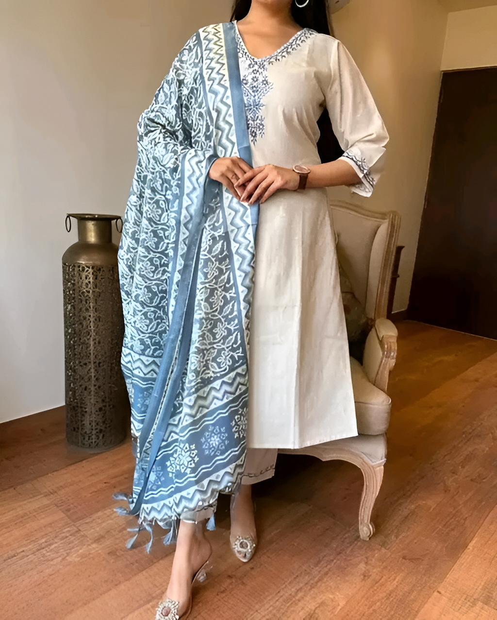 White Khadi Cotton Embroidered Kurta Pant Set with Dupatta