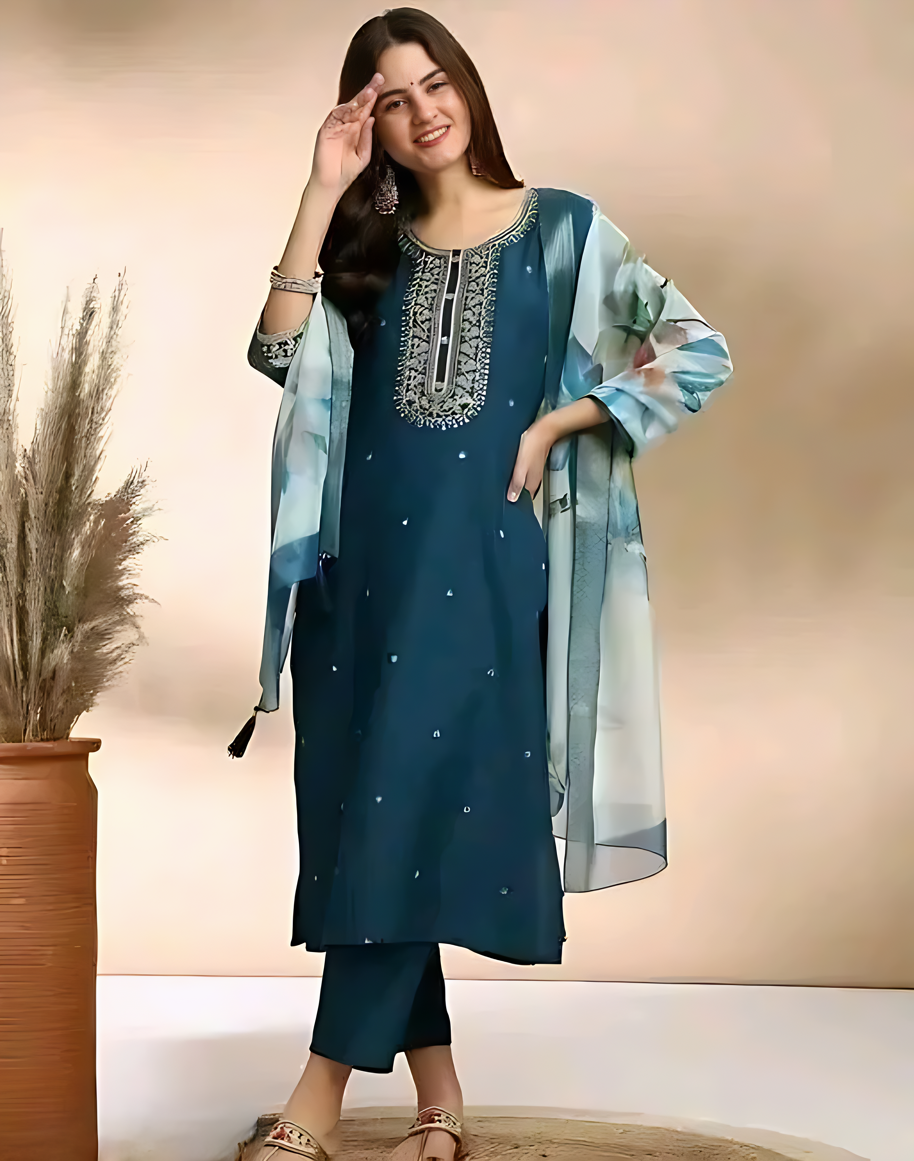 ✨ Elegant Teal Blue Embroidered Rayon Slub Kurta Set with Dupatta ✨
