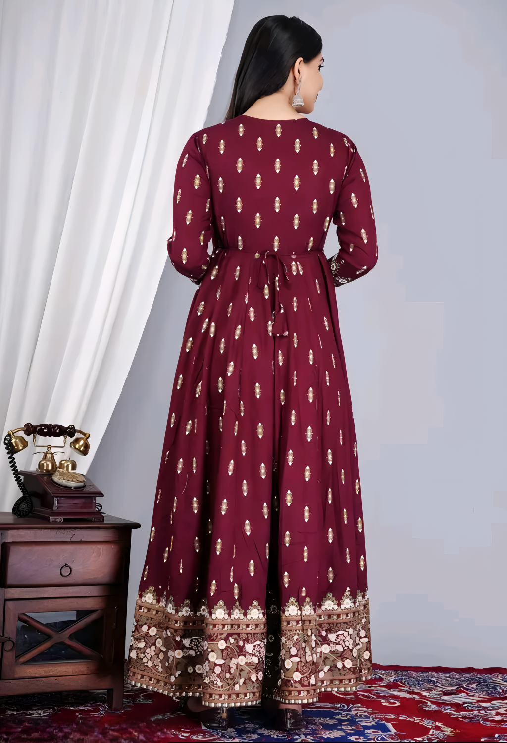 ✨ Wine Long-Tiered Kurta Dress with Zari Work, Printed Yoke & Tassels