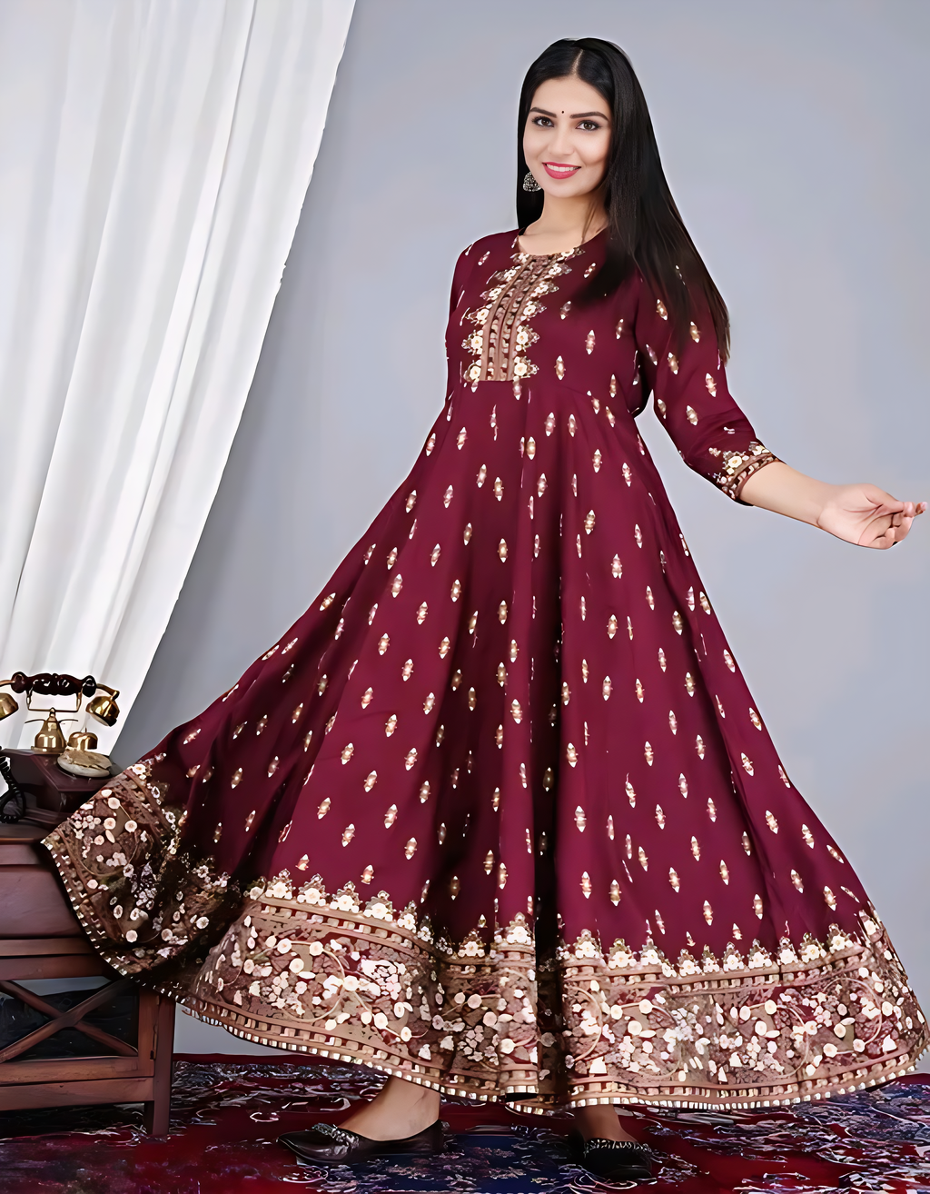 ✨ Wine Long-Tiered Kurta Dress with Zari Work, Printed Yoke & Tassels